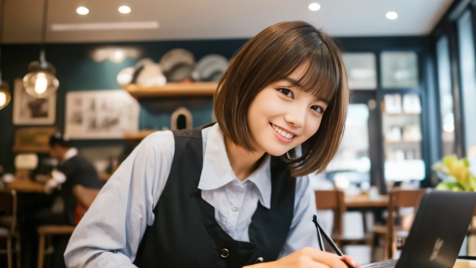 ((最high quality, 8k, masterpiece: 1.3)), perfect face,Inside a stylish cafe in New York、A scene in which a beautiful model-like woman with big breasts is drinking a latte and studying on a laptop.,everything around you, I can see other customers enjoying themselves too...。At the back of the cafe、Staff are busy working at the counter.、Feel the vibrancy and warmth of a city cafe.., sharp focus, 1 girl, sexy 1.2, brown hair, With bangs, (layered short hair), (big: 1.5), fine eyes, Beautiful eyes with slit length, double eyelid, (cat face), (cute Face), cute Smile, (close your mouth), (cute), soft skin, show the whole body, surreal, Super detailed, high quality, (Beautiful female college student with short hair studying in a cafe), ((詳細な非常にcute女子大生), ((big胸 It can be seen even through clothes)),Staring at my boyfriend
