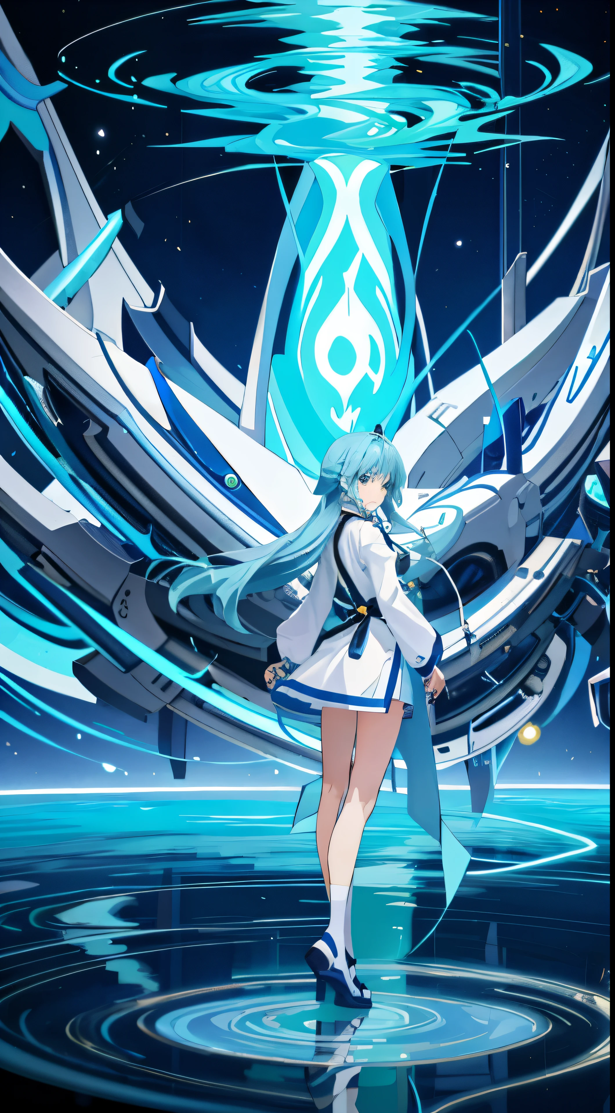 Masterpiece of exceptional quality, featuring a solo girl in an aqua Konosuba-inspired outfit with long, blue hair cascading down her back and striking blue eyes. She wears a pristine white shirt and a long lab coat, paired with a black office skirt and thigh-highs. The scene is rendered in high resolution with a depth of field effect, capturing the girl in a full-body shot as she stands bored in a laboratory setting, her hands tucked neatly into her pockets. The high quality of the artwork showcases meticulous attention to detail, from the lustrous sheen of her hair to the wrinkles in her lab coat. (full body image, laboratory setting,