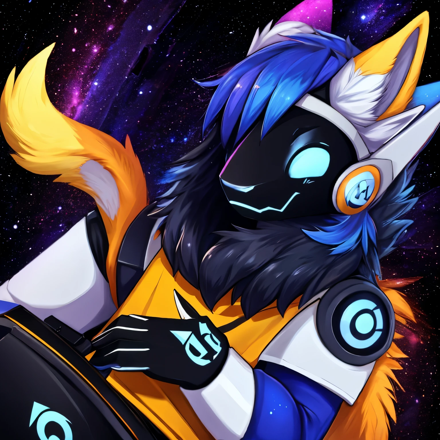 Highres, Furry, Male, galaxy background, gaming clothes, wearing headphones, galaxy eyes
