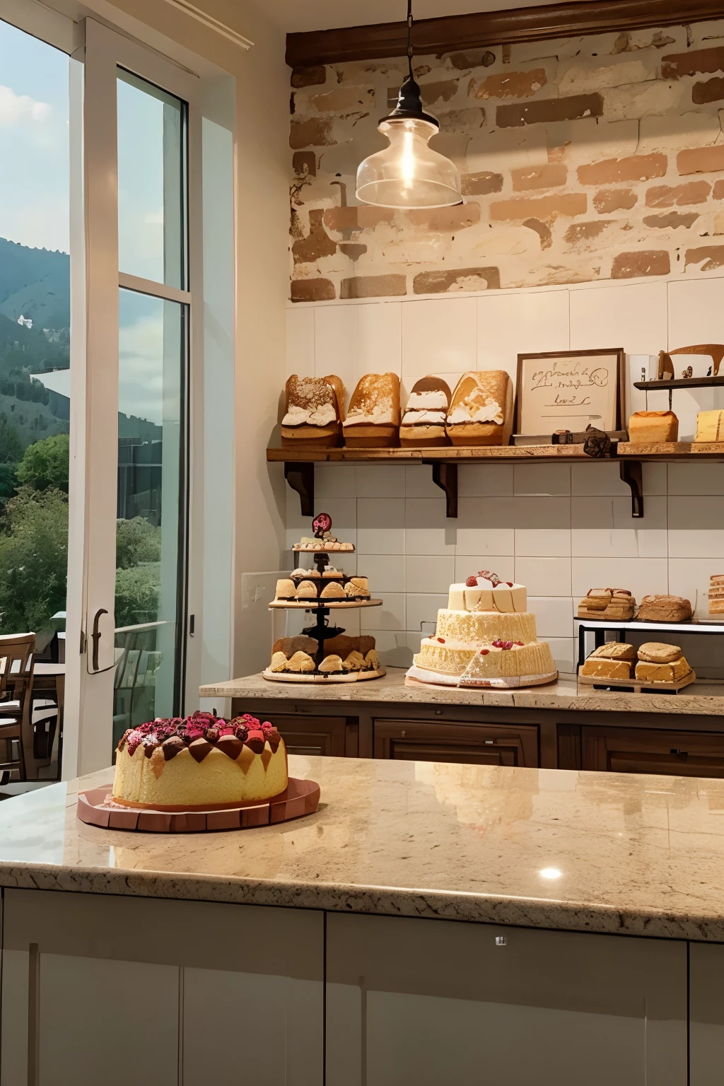 bakery with counter with a cake on top, scenery.