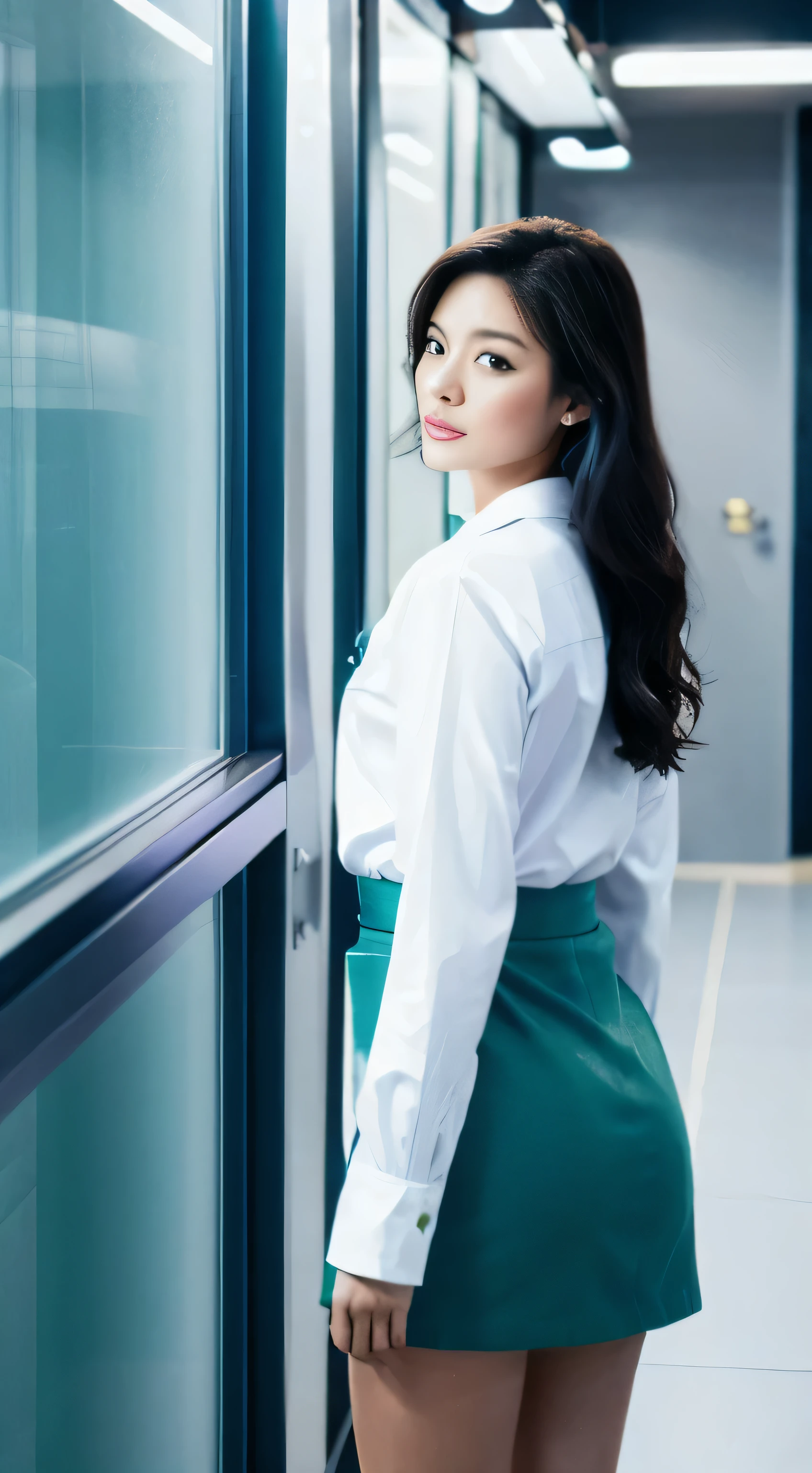 with high definition imageasterpiece of exceptional quality, featuring a solo girl in an aqua Konosuba-inspired outfit with long, blue hair cascading down her back and striking blue eyes. She wears a pristine white shirt and a long lab coat, paired with a black office skirt and thigh-highs. The scene is rendered in high resolution with a depth of field effect, capturing the girl in a full-body shot as she stands bored in a laboratory setting, her hands tucked neatly into her pockets. The high quality of the artwork showcases meticulous attention to detail, from the lustrous sheen of her hair to the wrinkles in her lab coat. (full body image, laboratory setting,
