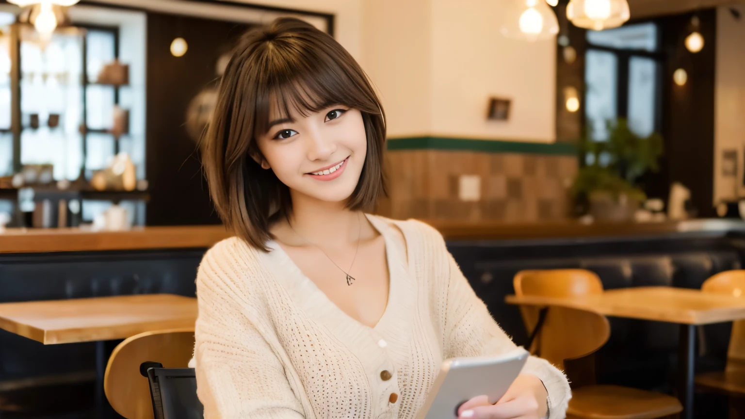 ((最high quality, 8k, masterpiece: 1.3)), perfect face,Inside a stylish cafe in New York、A scene in which a beautiful model-like woman with big breasts is drinking a latte and studying on a laptop.,everything around you, I can see other customers enjoying themselves too...。At the back of the cafe、Staff are busy working at the counter.、Feel the vibrancy and warmth of a city cafe.., sharp focus, 1 girl, sexy 1.2, brown hair, With bangs, (layered short hair), (big: 1.5), fine eyes, Beautiful eyes with slit length, double eyelid, (cat face), (cute Face), cute Smile, (close your mouth), (cute), soft skin, show the whole body, surreal, Super detailed, high quality, (Beautiful female college student with short hair studying in a cafe), ((詳細な非常にcute女子大生), ((big胸 It can be seen even through clothes)),Staring at my boyfriend