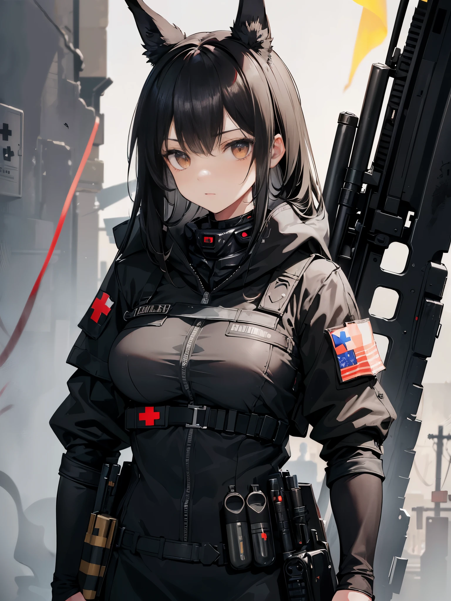masterpiece，best quality，real person，(a beautiful girl)，Cautious expression，((Reveals skin texture))，((very big ))，((Gray background))，backlight，street，ruins，((dark ruins))，((call of duty))，((Tom Clancy's Rainbow Six Siege)),modern architecture，((Exquisite facial expressions))，Exquisite hairstyle，Super fine，Pay attention to facial details，((Detailed facial portrayal))，((Extreme details))，8K，((A dark-haired female soldier))，Slender jackal ears，anubis ears，black eyes，long hair，long eyelashes，Fine eye details，Detailed depiction of modern military equipment，art of composition，(Dirty with body armor and tactical gear((Camouflage Medics)))，((a black tactical mask))，Wearing a Tactical mask，((red cross symbol))，whole body，a mature woman，Medics，Super detailed，long bangs，blood stains，Super details，holding a syringe