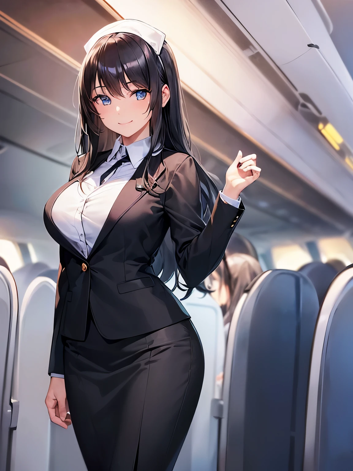 ((masutepiece, Best Quality)), ((hight resolution)), (photos realistic), Best Shadow, high detailing, Very detailed, (nice hand, Perfect hands), (Face Focus:1.2), ((1girl)), Beautiful Girl, 25 years old, blue eyes, (black long Hair:1.5), (normal breasts:1.3), (Smile:1.3), Glossy white skin, (view from front), (Very slender:1.3), (Cute face:1.3), (look at viewer:1.4), detailed facial features,droopy eyes, Crisp focus, perfect beautiful body and face, Perfectly focused, (standing:1.4), Long bangs, (in the airplane:1.4), (flight attendant:1.4), (enchanting smile:1.5)