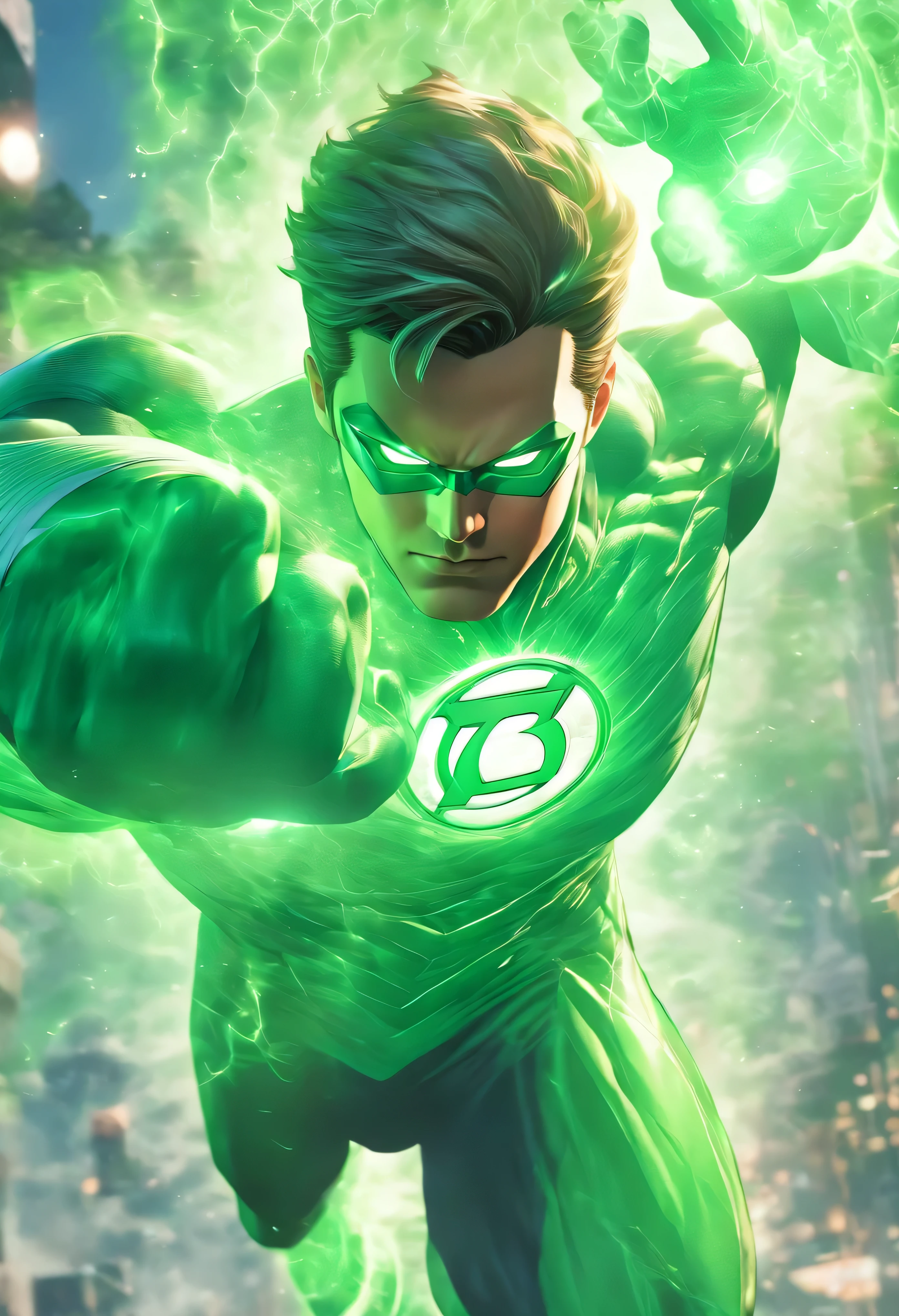 Green Lantern in action, 1boy, mcu, best entrence pose, ultra detail, 8k, photo-realistic, octane render, unreal engine, ultra-realistic