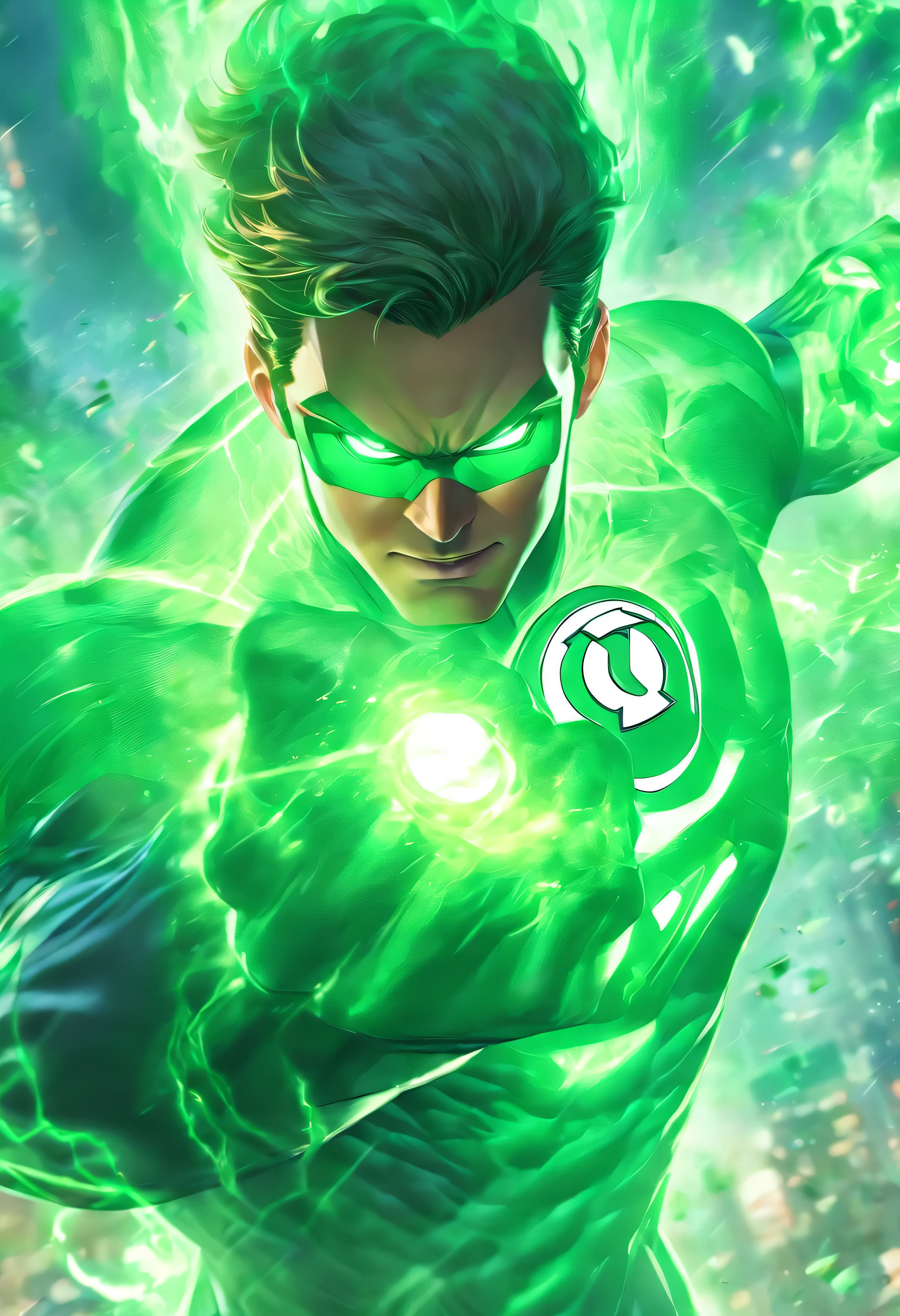Green Lantern in action, 1boy, mcu, best entrence pose, ultra detail, 8k, photo-realistic, octane render, unreal engine, ultra-realistic