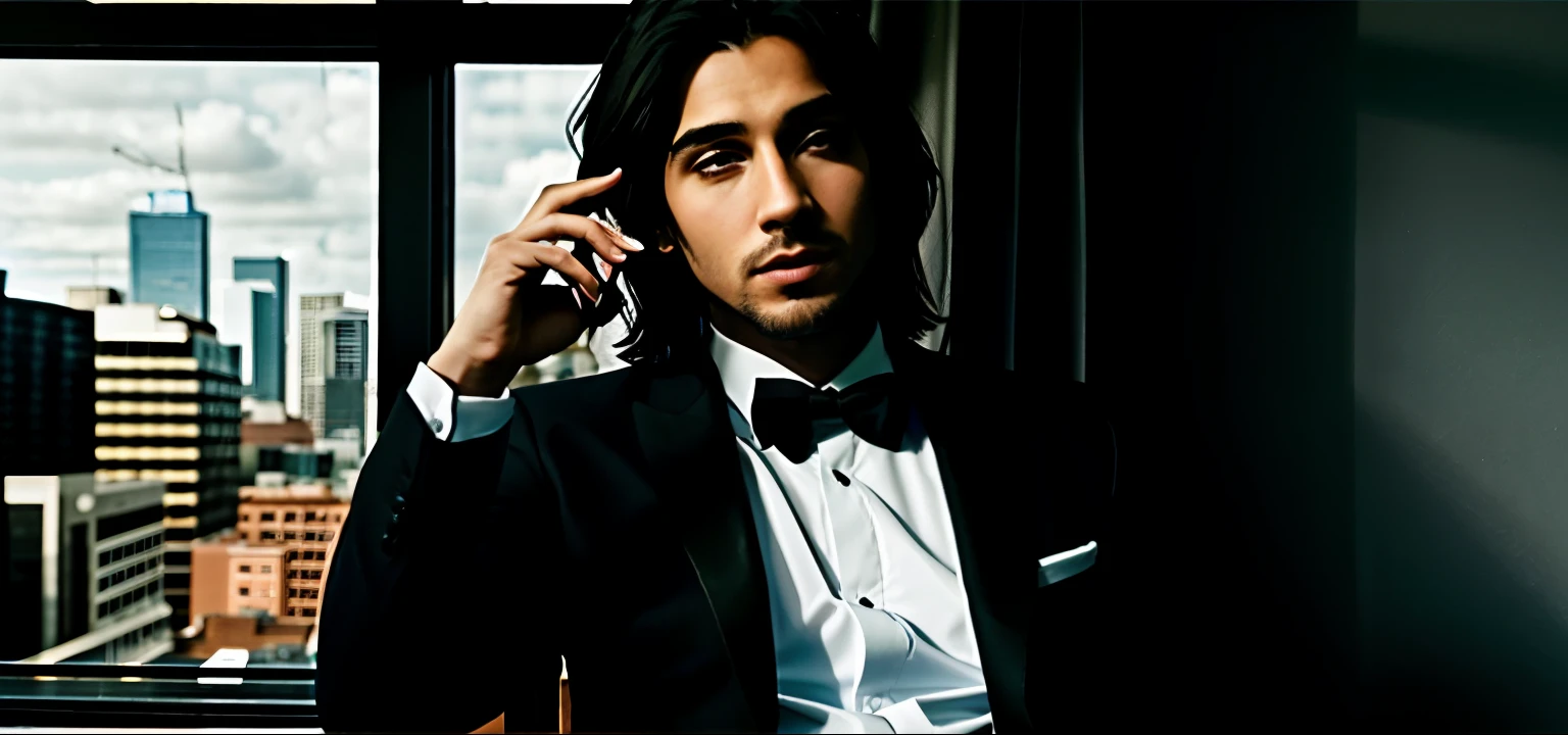 A long shot of a charismatic young influencer male, 30 years old, attractive man, wearing a black suit, gray straight hair, blue eyes, gray hair, thinking pose, looking serious and focused, looking confused, looking concentrated, . IPHONE 14 PRO MAX TRIPLE FRONT CAMERA, CAPTURING NATURAL LIGHT AND SHADOWS