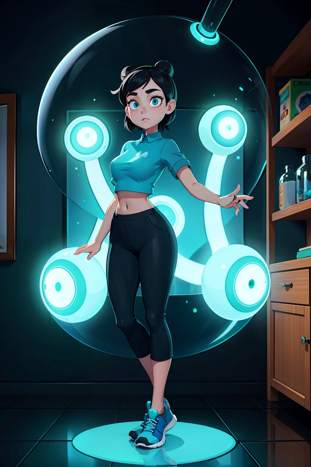 1girl, housewife, black hair, green eyes, glowing eyes, blue sportswear, glass case, mind-controlled, hypnotized, attention, hollow eyes, 3D Disney style, full body