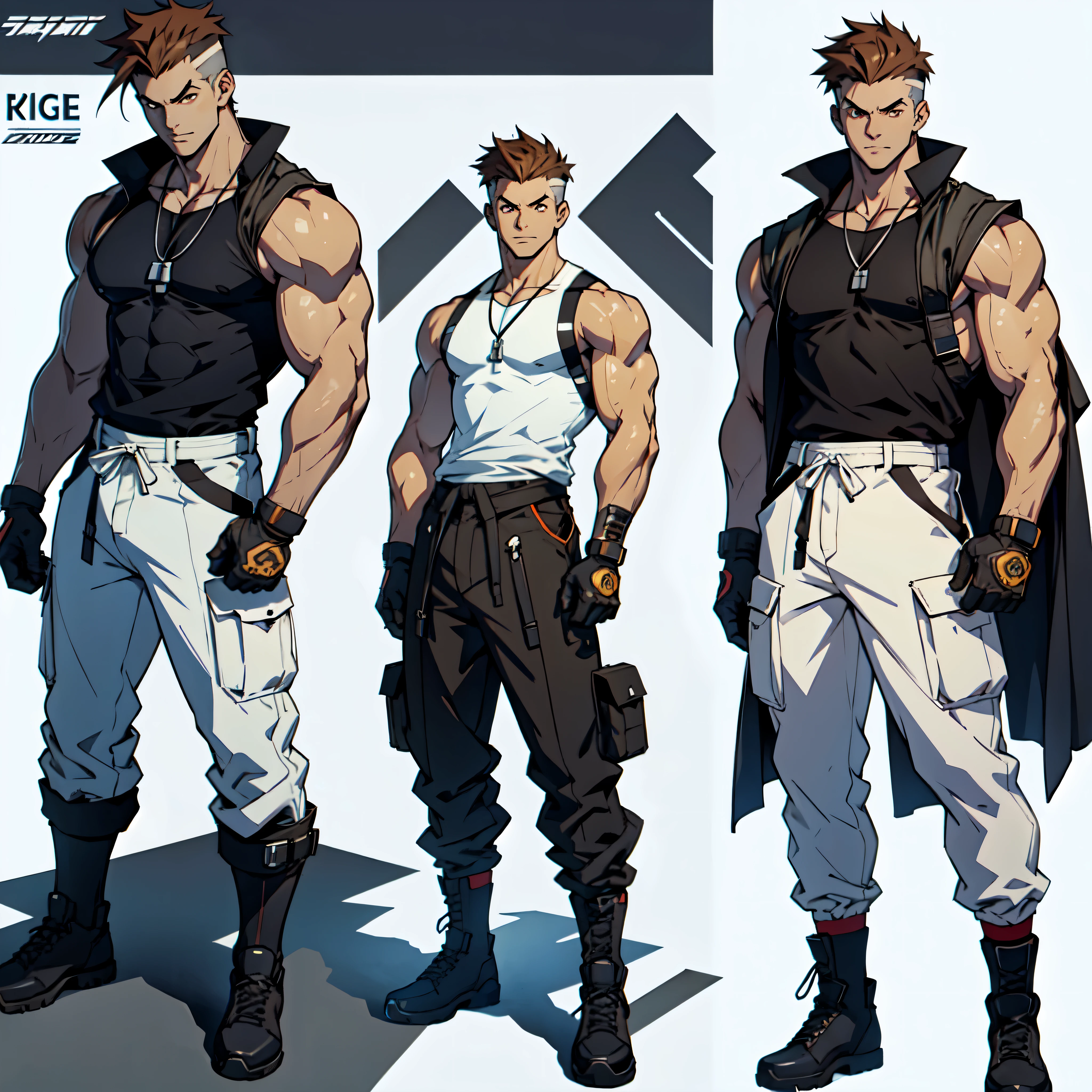 anime very muscular man with a white sleeveless t-shirt, (pale white skin), orange mechanic pants with industrial high visibility stripes, blue collar worker, dark brown hair, thug, brown eyes, soldier necklace, anime cyberpunk character, black gloves, boots, male anime character, anime character sheet, character concept, full body concept, several poses, several expressions, full body, male protagonist 👀 :8, anime style character, anime character, white background