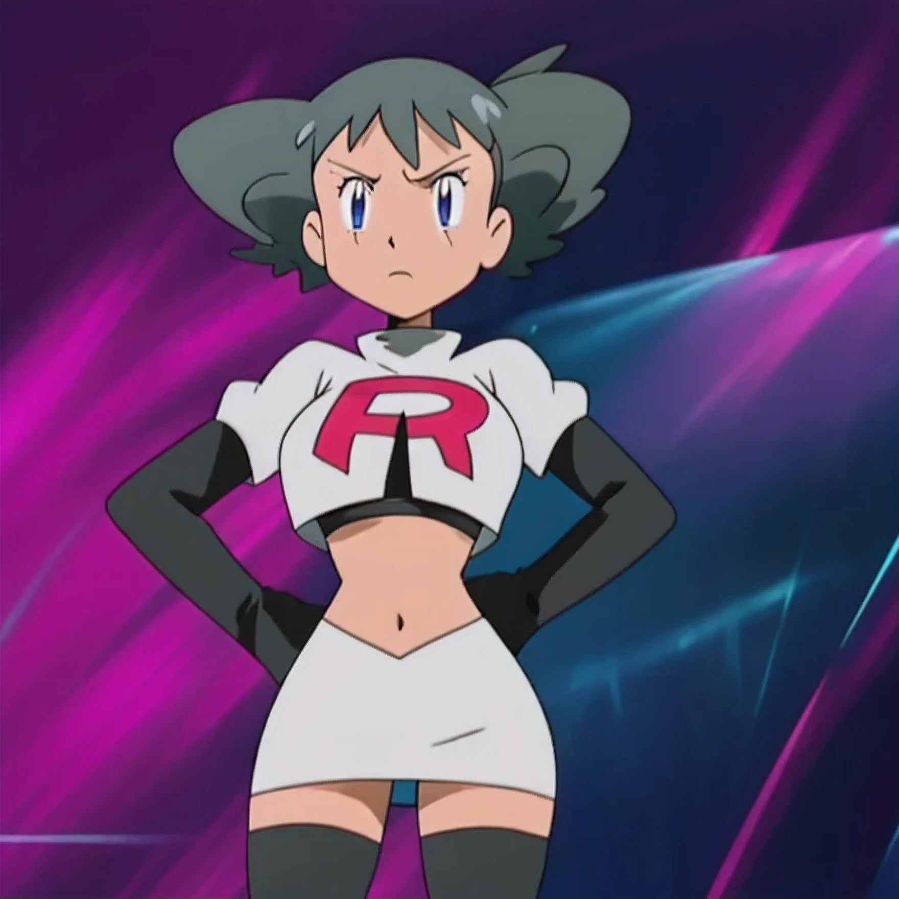 8k, anime screencap,1girl in, (solo:1.1), (perfect body:1.1), (best quality:1.1), very large breast, team rocket uniform, red letter r, white skirt,white crop top,black thigh-high boots, black elbow gloves, glaring angrily, looking down at viewer, hands on hips,zettai ryouiki,cowboy shot