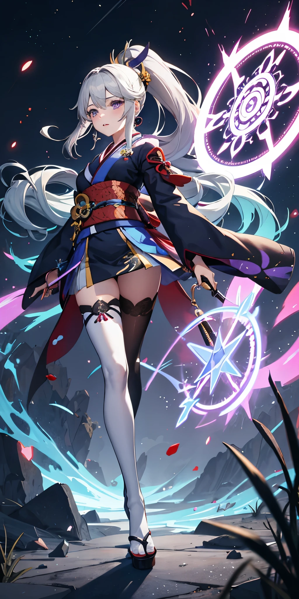 1 girl, kimono, ponytail ,gray hair, purple eyes, magic circle, blue fire, blue flame, wallpaper, landscape, Blood, Blood splatter, Depth of the bounds written, night, particles of light, light, side light, thighs, destiny \(series\), genshin impact, ****, open jacket, skirt, Thighhighs, cloud