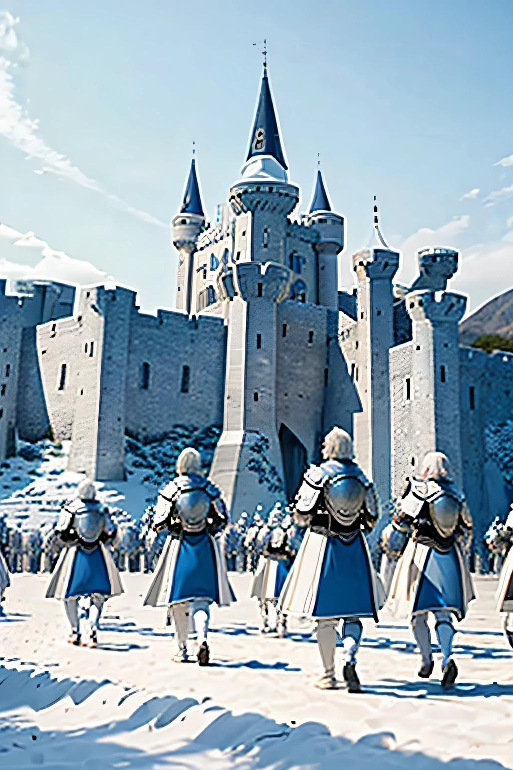order of knights in white silver and blue armor with white hair and pale skin marching in a mass formation to the shore from a castle fortress