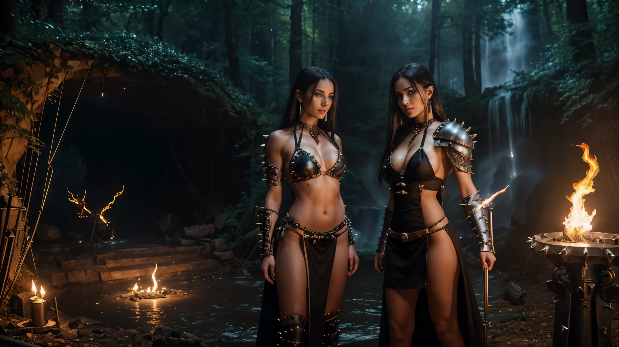 (Highly realistic image), Fantasy scene, Centerpiece, masterpiece, Ultra detailed, High quality, 4k, complex, expert, Center, (volumetric lighting), beautiful, dark masterpiece, (ultra detailed landscape  ), (sharp landscape), (sharp image), (dark scene), (dark atmosphere).  (2 beautiful young girls), (1 female warrior and 1 female magician), long and straight hair, (black hair), hair in front of her eyes, (blue eyes), (slender body), small ass, (big breasts),  fine and innocent face, (seductive smile), luscious red lips, (large gold hoop earrings), (1 warrior equipped with bikini armor with steel spikes: 1.5) and (1 magician dressed in a black runic dress:  1.5), (bare stomach), (bare arms), (bare legs).  (in a sinister forest, they are in front of the entrance to a carvern whose interior is lit by torches: 1.5), (waterfalls, rivers and ruins surround the entrance: 1.5). (View viewer), (cowboy shot), (sensual dynamic pose), (perfect body), (perfect anatomy), (perfect hand)