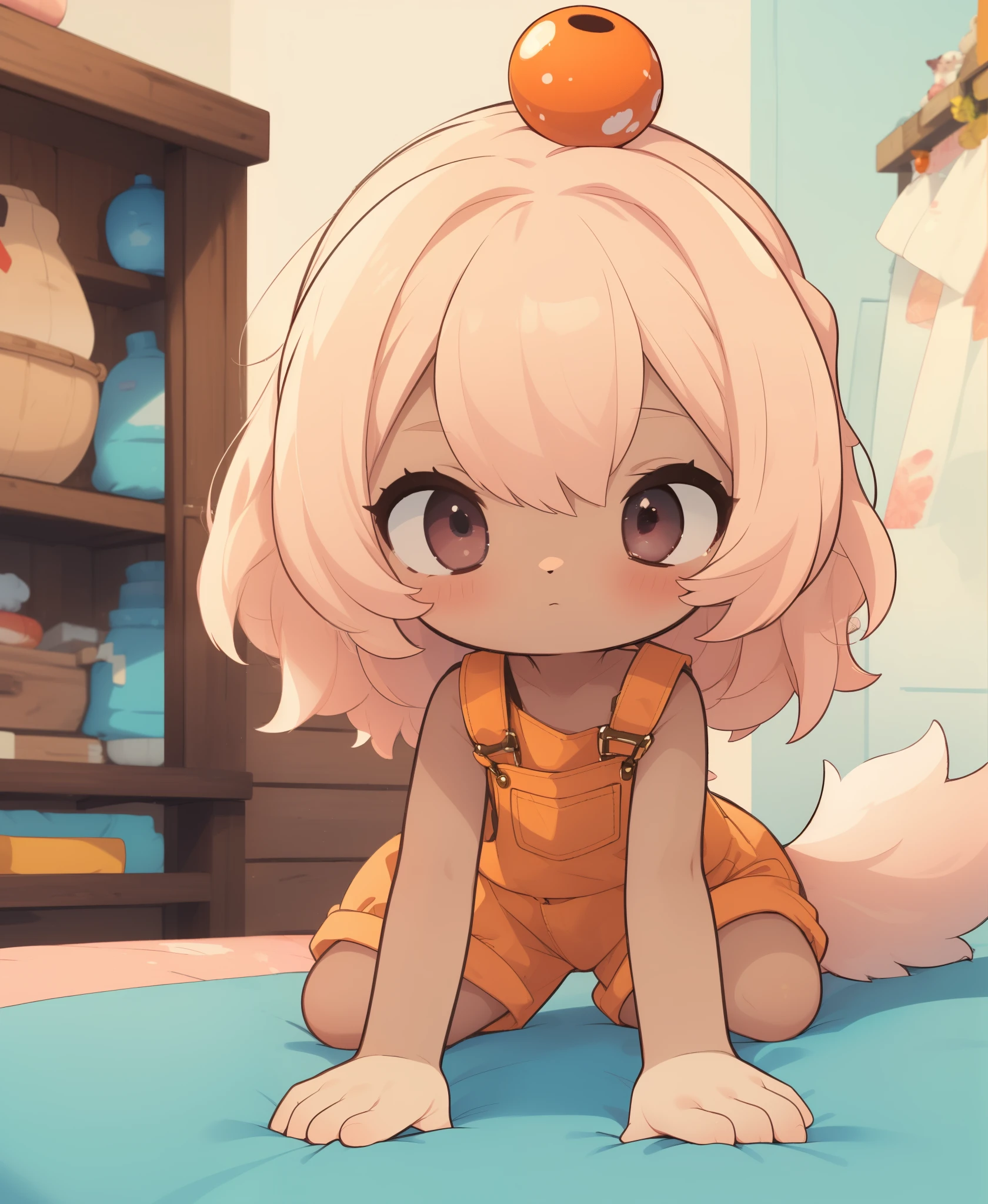 lilotte , 1 puppy girl l , orange overalls ,brown skin, ,Ornament , pink hair , furry , , tail ,mole, mole on the eye , Straight hair , shorts