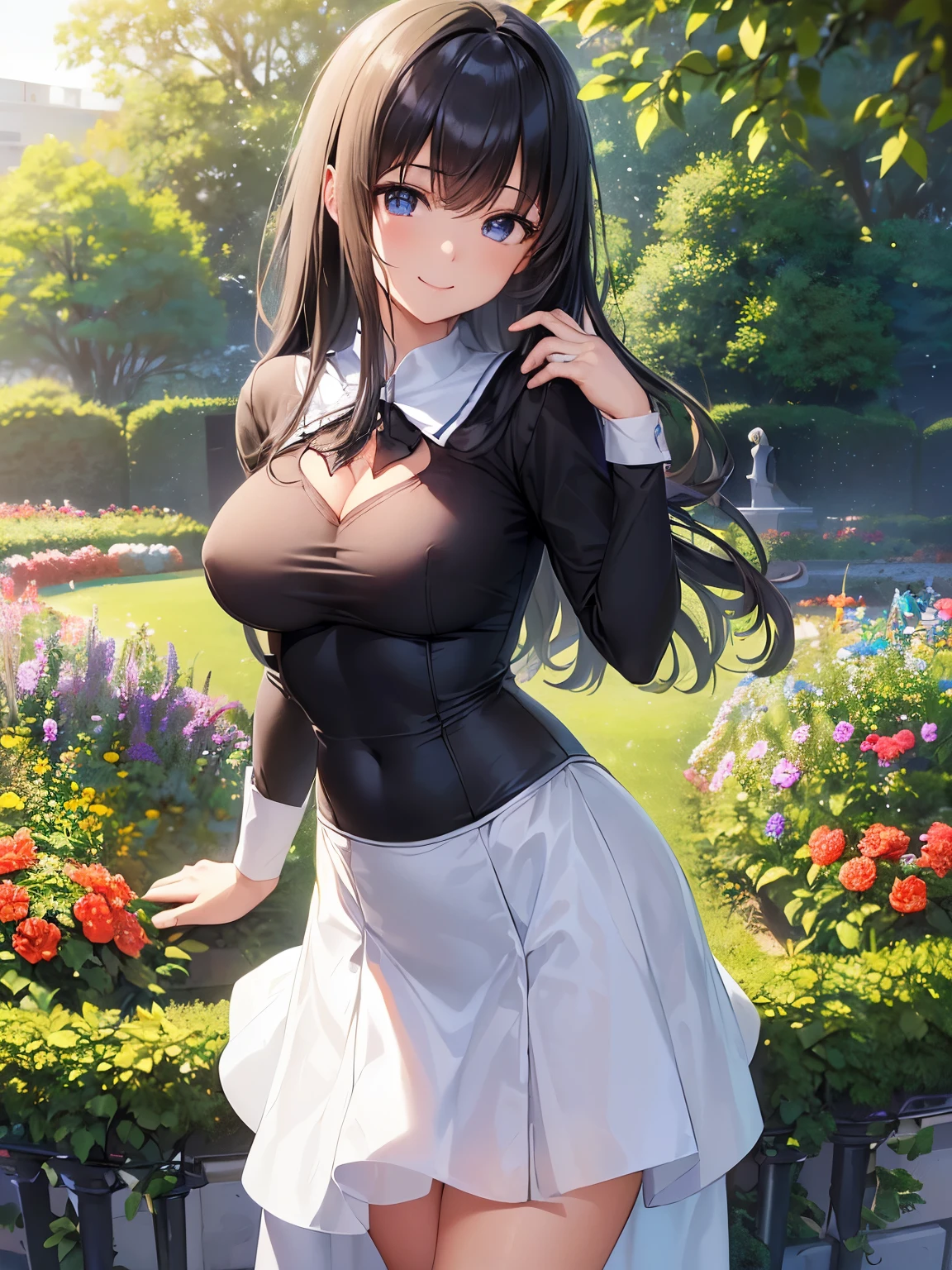 ((masutepiece, Best Quality)), ((hight resolution)), (photos realistic), Best Shadow, high detailing, Very detailed, (nice hand, Perfect hands), (Face Focus:1.2), ((1girl)), Beautiful Girl, 25 years old, blue eyes, (black long Hair:1.5), (normal breasts:1.3), (Smile:1.3), Glossy white skin, (view from front), (Very slender:1.3), (Cute face:1.3), (look at viewer:1.4), detailed facial features,droopy eyes, Crisp focus, perfect beautiful body and face, Perfectly focused, (standing:1.4), Long bangs, (in the garden:1.4), (highschool costume:1.4), (enchanting smile:1.5),. learning forward, cleavage