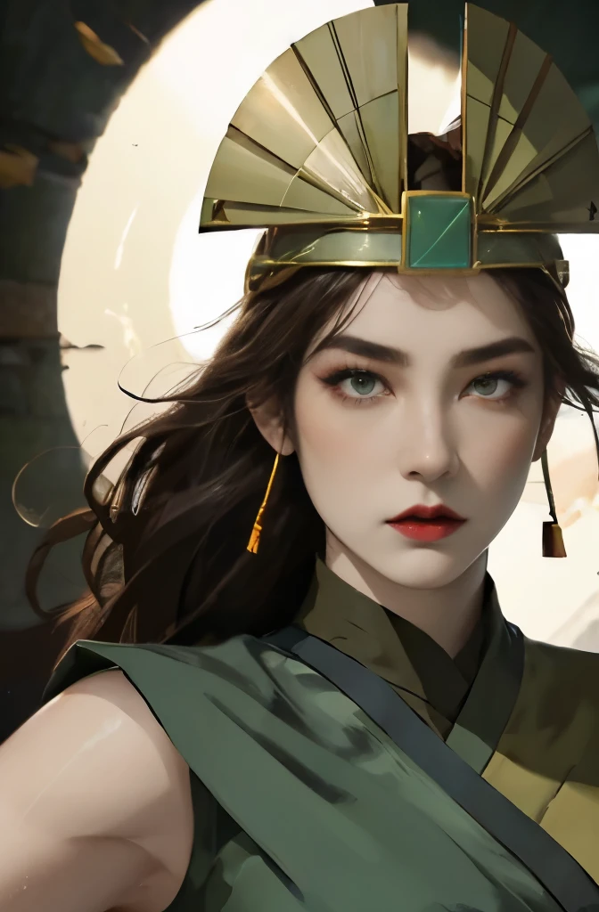 kyoshi, green eyes, makeup, eyeshadow, red lips, helmet, headdress, portrait, neutral expression, kyoshi, green eyes, makeup, eyeshadow, red lips, helmet, headdress, neutral expression, cowboy shot, green dress, gloves, black gloves, mountain, breasts, tan, dewy skin, sweaty skin, beauty bust
