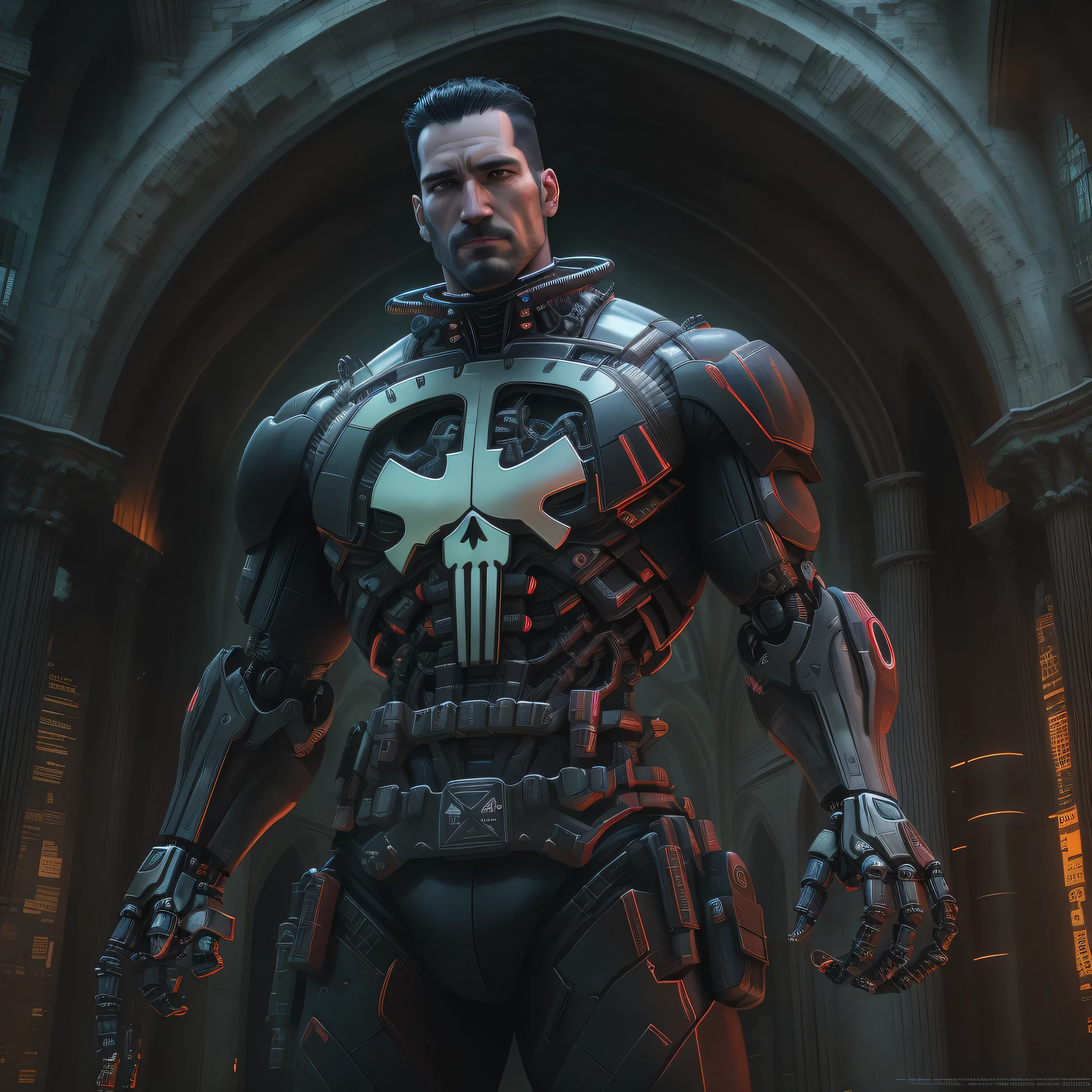 Portrait, Punisher Horseman of the Apocalypse from Marvel, biomechanical, complex robot, full growth, hyperrealistic, insane small details, extremely clean lines, cyberpunk aesthetic, masterpiece featured at Zbrush Central, gothic brutalist cathedral, cyberpunk, award-winning photo, bokeh, neon lights, cybernetic limb