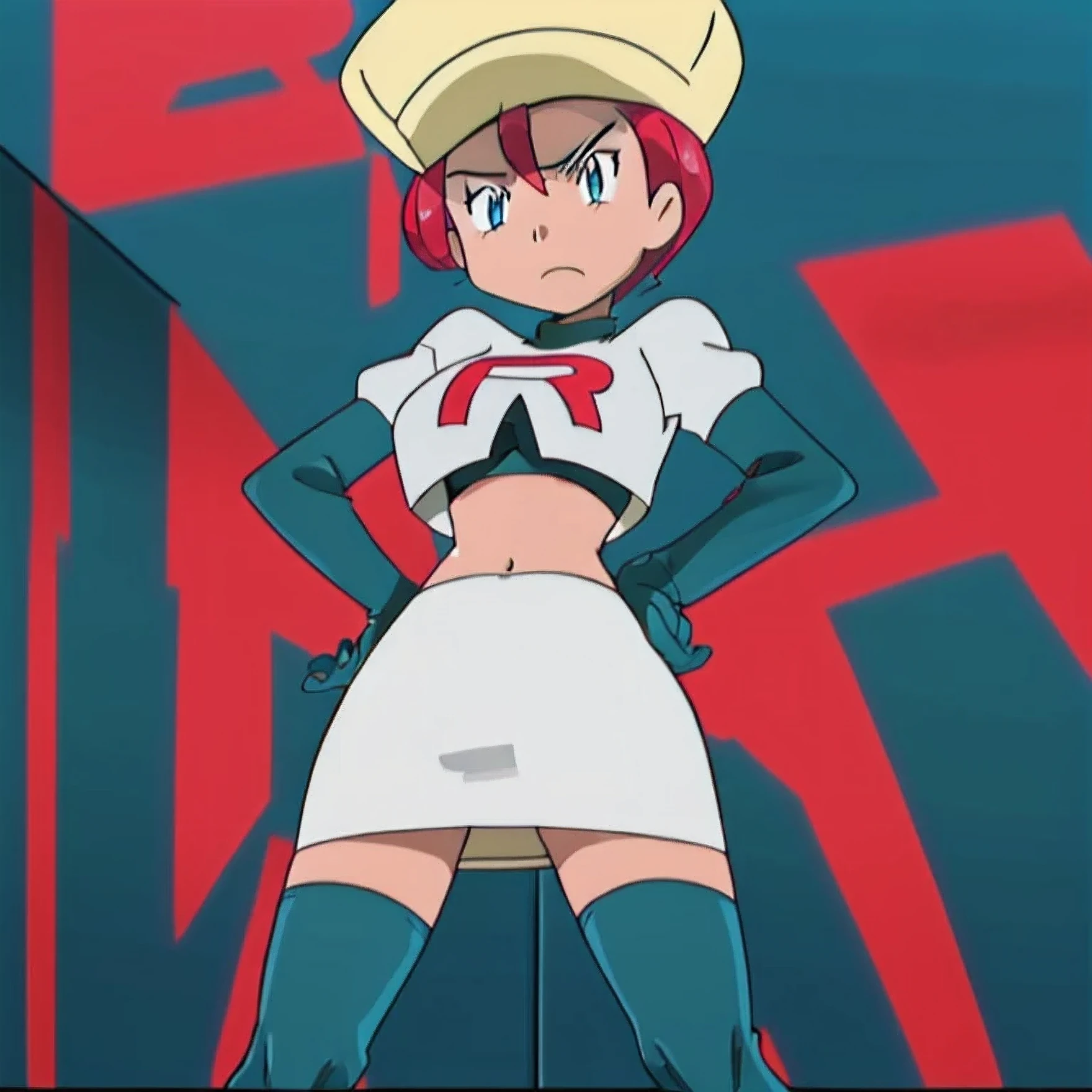 8k, anime screencap,1girl in, (solo:1.1), (perfect body:1.1), (best quality:1.1), very large breast, team rocket uniform, red letter r, white skirt,white crop top,black thigh-high boots, black elbow gloves, glaring angrily, looking down at viewer, hands on hips,zettai ryouiki,cowboy shot, yellow hat