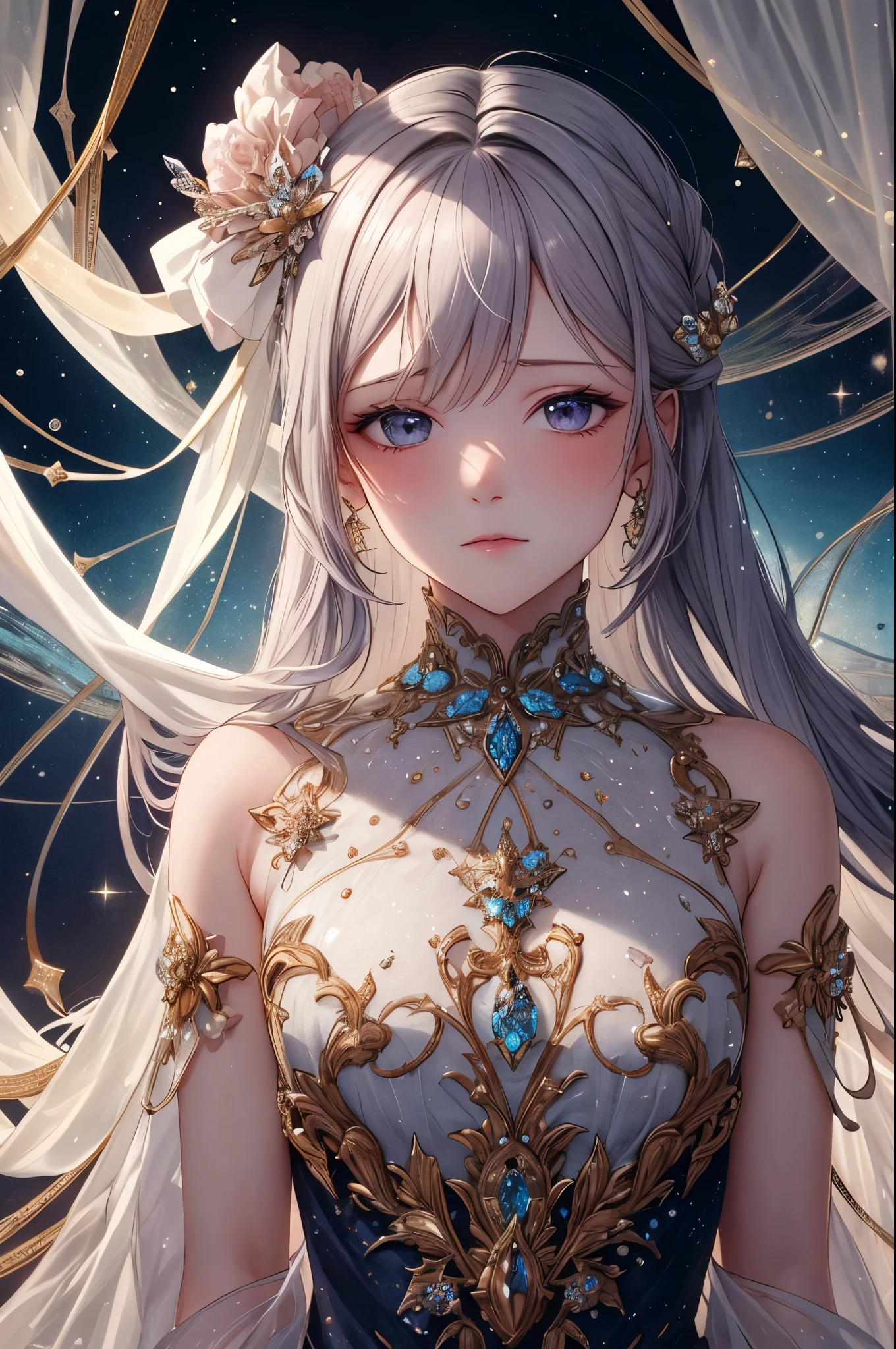 highest quality,amazing,very detailed,figure,cover,mysterious person,covered with translucent fabric,Crystals decorating hair,dreamy swirl,pastel colour,soft light,Evoking serene tranquility and elusive beauty,non-representative,Color and shape,expression of emotions,imaginative,very detaileded,