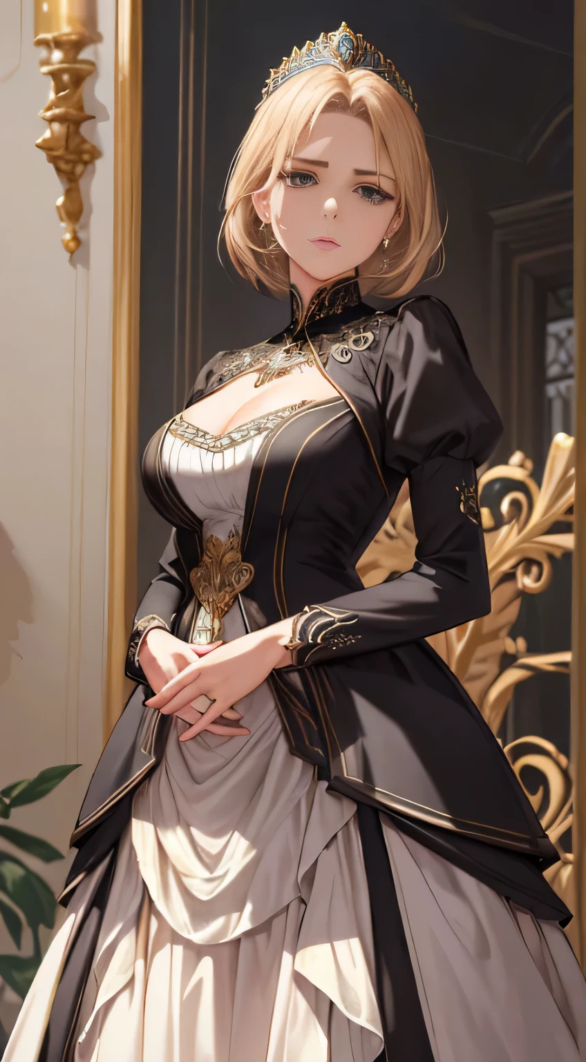 In this stunning masterpiece of CG drawing with super high detail, we are presented with a captivating scene set in an office environment. The central focus of the image is a regal and commanding figure, an excellent representation of a royal sister. With her short tan hair elegantly styled, she stands tall and dignified, donning a layered dress that exudes sophistication. Her hands are firmly crossed at her waist, showcasing her authority and determination. Facing the audience head-on, her piercing gaze reveals a hint of anger and defiance. The illustration is expertly composed, capturing a wide-angle panorama that immerses the viewer in this captivating world. Every minute detail is meticulously crafted, from the intricate patterns on the dress to the subtle shadows that add depth to
