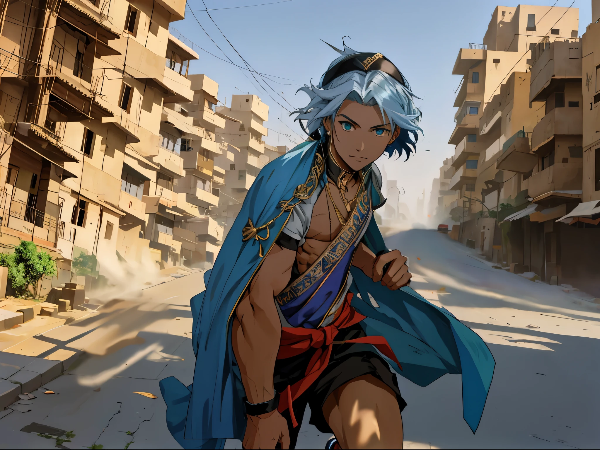 personaje de anime con traje azul agipcio corre por las calles de el cairo ojos verdes esta persiguiendo algo