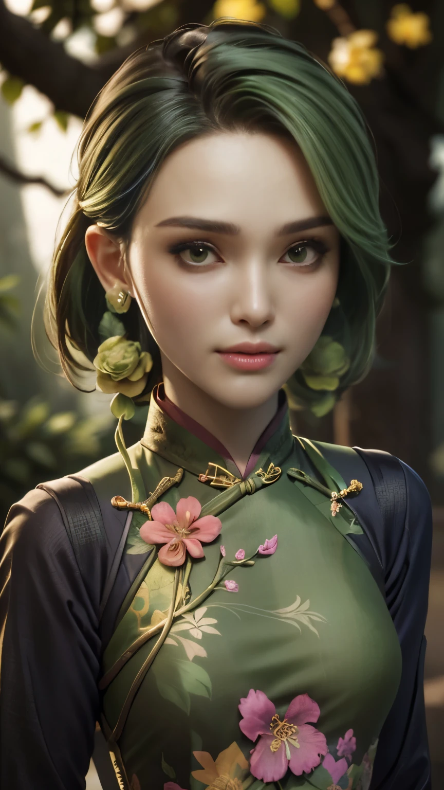 photo of celebrity, RAW, beautiful woman, ((portrait)), ((detailed face, colorful rainbow hair:1.2)), ((detailed facial feature, detailed skin, clear skin, parted lips), (perfect proportioned body, medium breasts), ((wearing a light green Ao Dai with a floral pattern: 1.5)), (high detailed dark forest: 1.3), (realistic photo, best quality, detailed), (8k wallpaper), (cinematic lighting, dramatic lighting) (sharp focus, intricate)