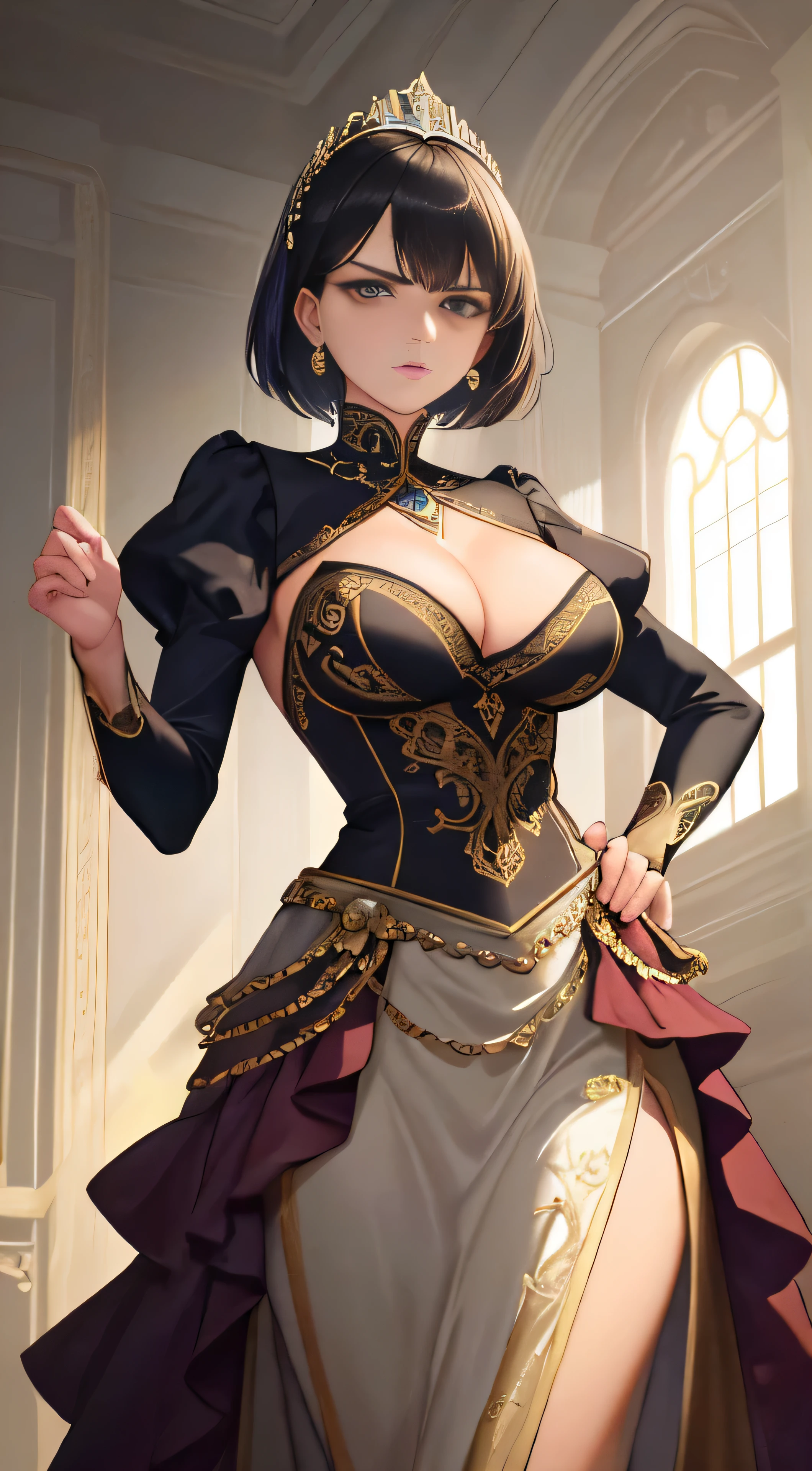 In this stunning masterpiece of CG drawing with super high detail, we are presented with a captivating scene set in an office environment. The central focus of the image is a regal and commanding figure, an excellent representation of a royal sister. With her short tan hair elegantly styled, she stands tall and dignified, donning a layered dress that exudes sophistication. Her hands are firmly crossed at her waist, showcasing her authority and determination. Facing the audience head-on, her piercing gaze reveals a hint of anger and defiance. The illustration is expertly composed, capturing a wide-angle panorama that immerses the viewer in this captivating world. Every minute detail is meticulously crafted, from the intricate patterns on the dress to the subtle shadows that add depth to