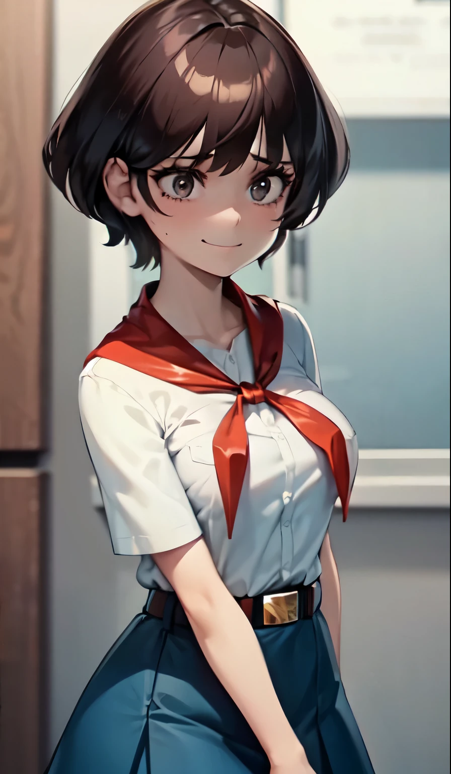 very young slim fit girl, pioneer neckerchief, very short blue skirt, bangs, collarbone, tight white shirt, bursting breast, short sleeves, collared shirt, belt, red neckerchief, full height, rounded face, very long disheveled dark brown hair, big brown eyes, sluty smile, perfect flat breast, parororo