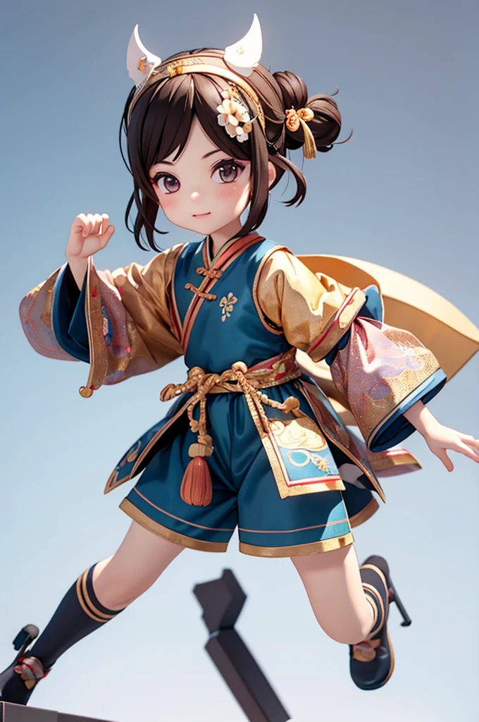 POP MART'S SUPER CUTE IP, Libido boy,Libido boy,Short hair,Chinese Peking Opera elements, With a tuft of hair in a bun, A chubby face, Brown hair, Holding a piece of steel in his hand, Chinese style, full bodyesbian, Clean background, Studio light, hyper-detailing. 3D, c4dblender, OC renderer, Ultra HD. 3D render, model, a blind box toy, Smooth and delicate, Clean background. 3D render, Extreme detail, 8K, Extreme clarity, High sharpening, Ray tracing, particle fx, Studio lighting, The Rembrandt effect, HD quality, High-definition color contrast
