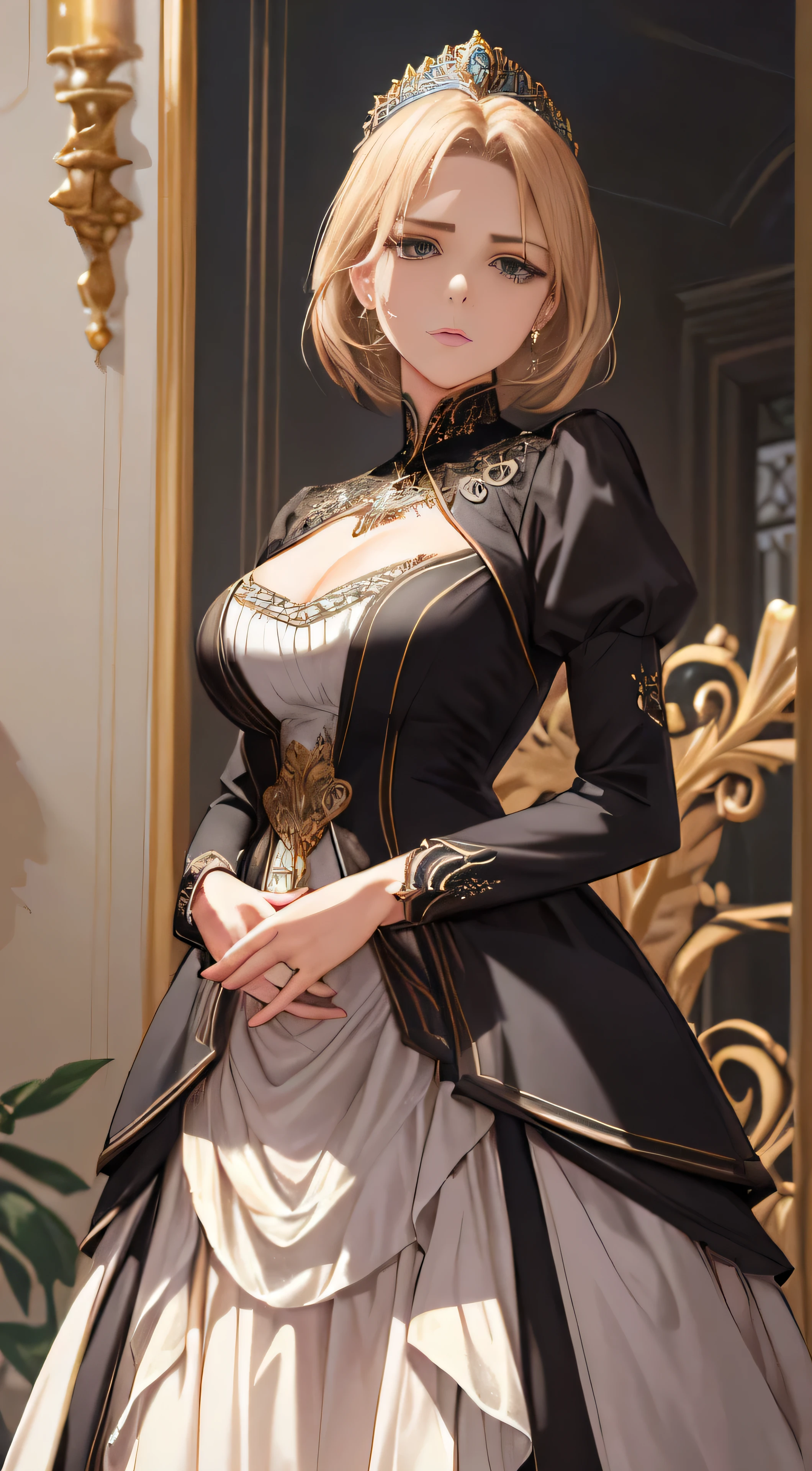 In this stunning masterpiece of CG drawing with super high detail, we are presented with a captivating scene set in an office environment. The central focus of the image is a regal and commanding figure, an excellent representation of a royal sister. With her short tan hair elegantly styled, she stands tall and dignified, donning a layered dress that exudes sophistication. Her hands are firmly crossed at her waist, showcasing her authority and determination. Facing the audience head-on, her piercing gaze reveals a hint of anger and defiance. The illustration is expertly composed, capturing a wide-angle panorama that immerses the viewer in this captivating world. Every minute detail is meticulously crafted, from the intricate patterns on the dress to the subtle shadows that add depth to