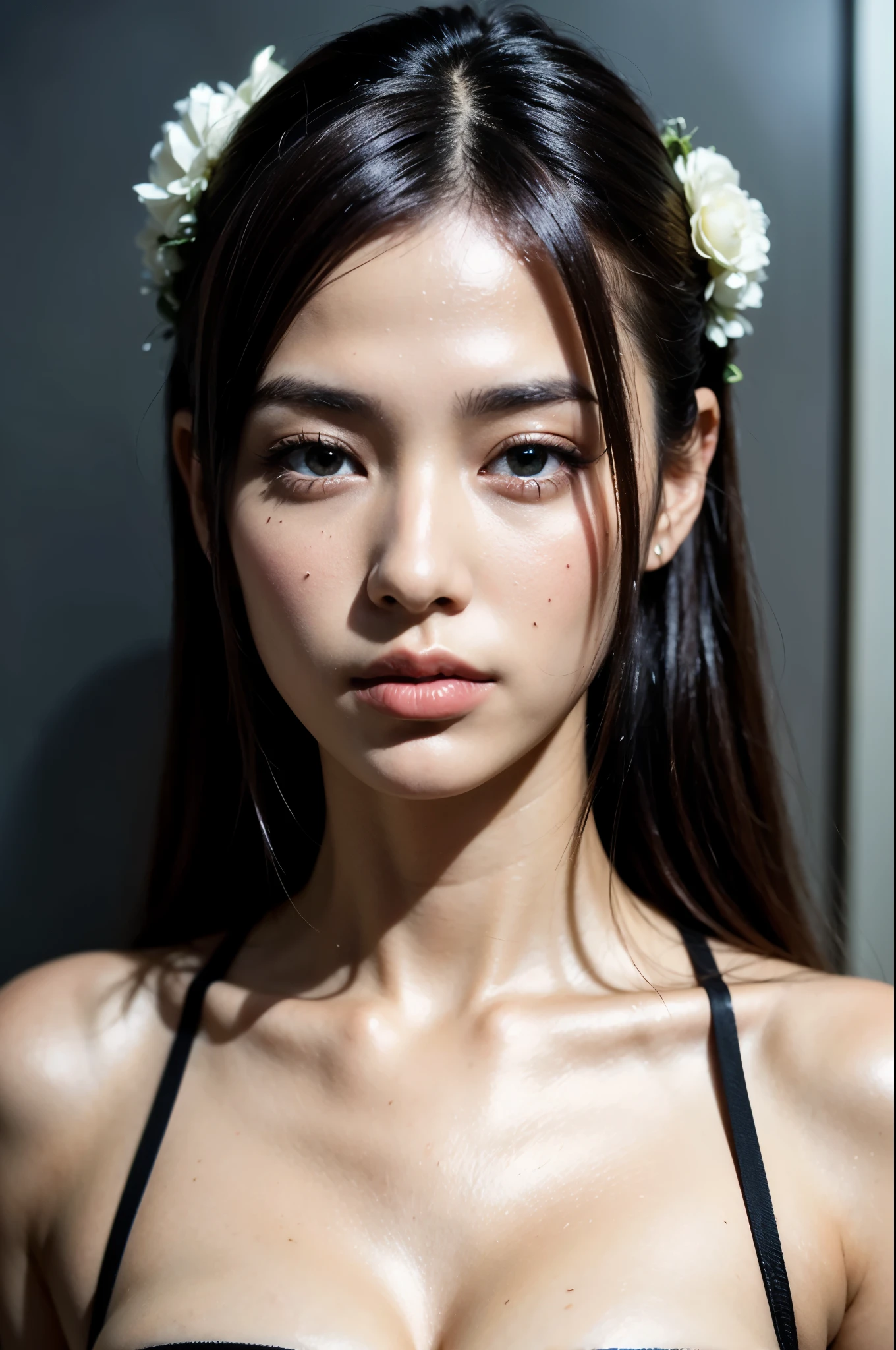 (masterpiece, highest quality:1.2), RAW photo, (realistic, photorealistic:1.2), (8k, High resolution, super detailed:1.3), 1 girl, perfect anatomy, (focus on the face, looking at the viewer), (28 years old Korean beauty, K-POPアイドル), (realistic detailed eyebrows, realistic beautiful brown eyes, realistic glossy skin, realistic detailed beautiful handsome face:1.2), (thin, small breasts), (realistic cinematic lighting, detailed shadowing:1.2)