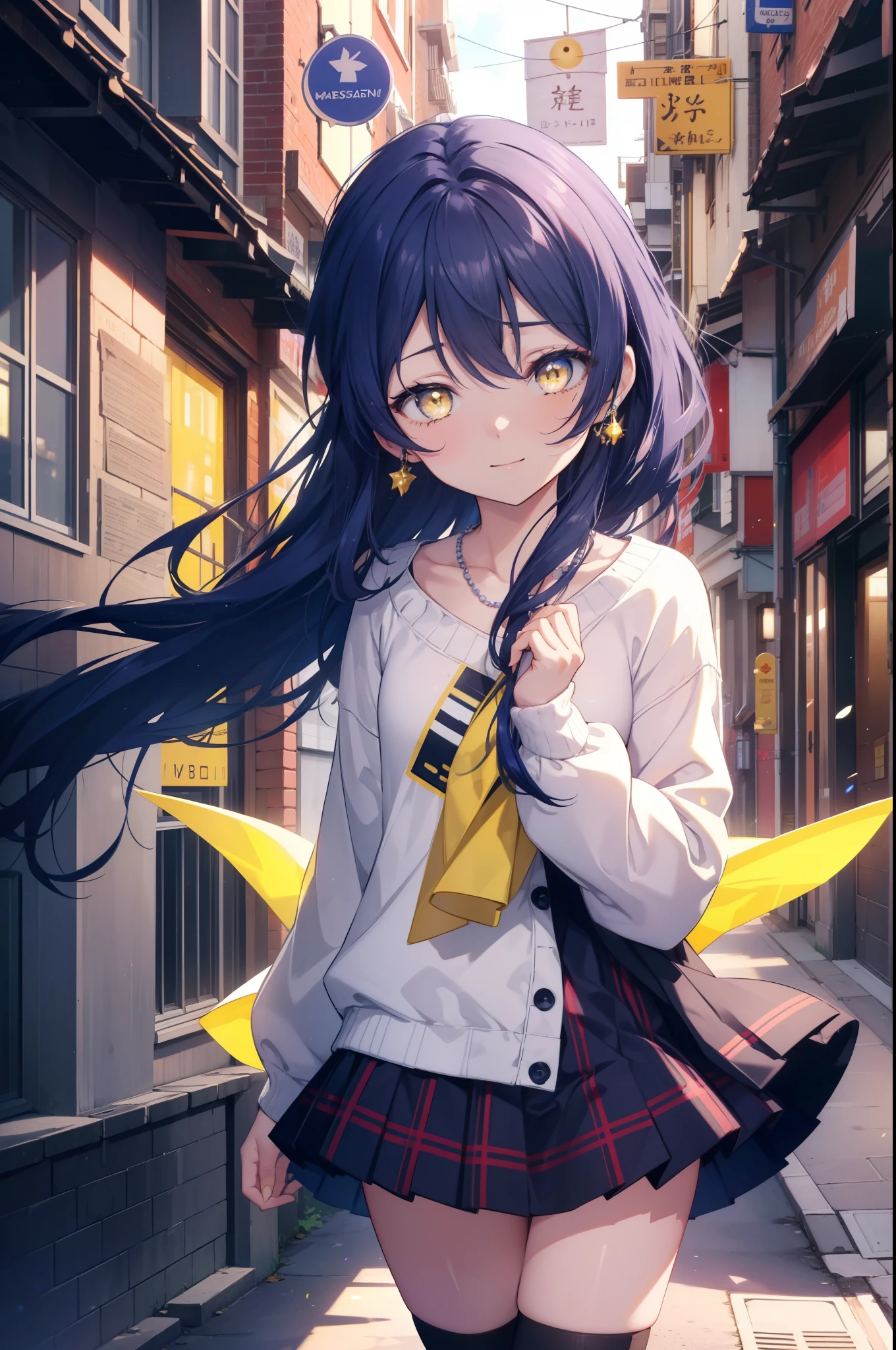 Kamisonoda, Umi Sonoda, long hair, blue hair, (yellow eyes:1.5) (flat chest:1.2),smile,blue long coat,white sweater,black mini skirt,white knee high socks,high cut sneakers,morning,morning日,university student,heart shaped necklace,
break looking at viewer,
break outdoors, In town, building street,
break (masterpiece:1.2), highest quality, High resolution, unity 8k wallpaper, (figure:0.8), (detailed and beautiful eyes:1.6), highly detailed face, perfect lighting, Very detailed CG, (perfect hands, perfect anatomy),