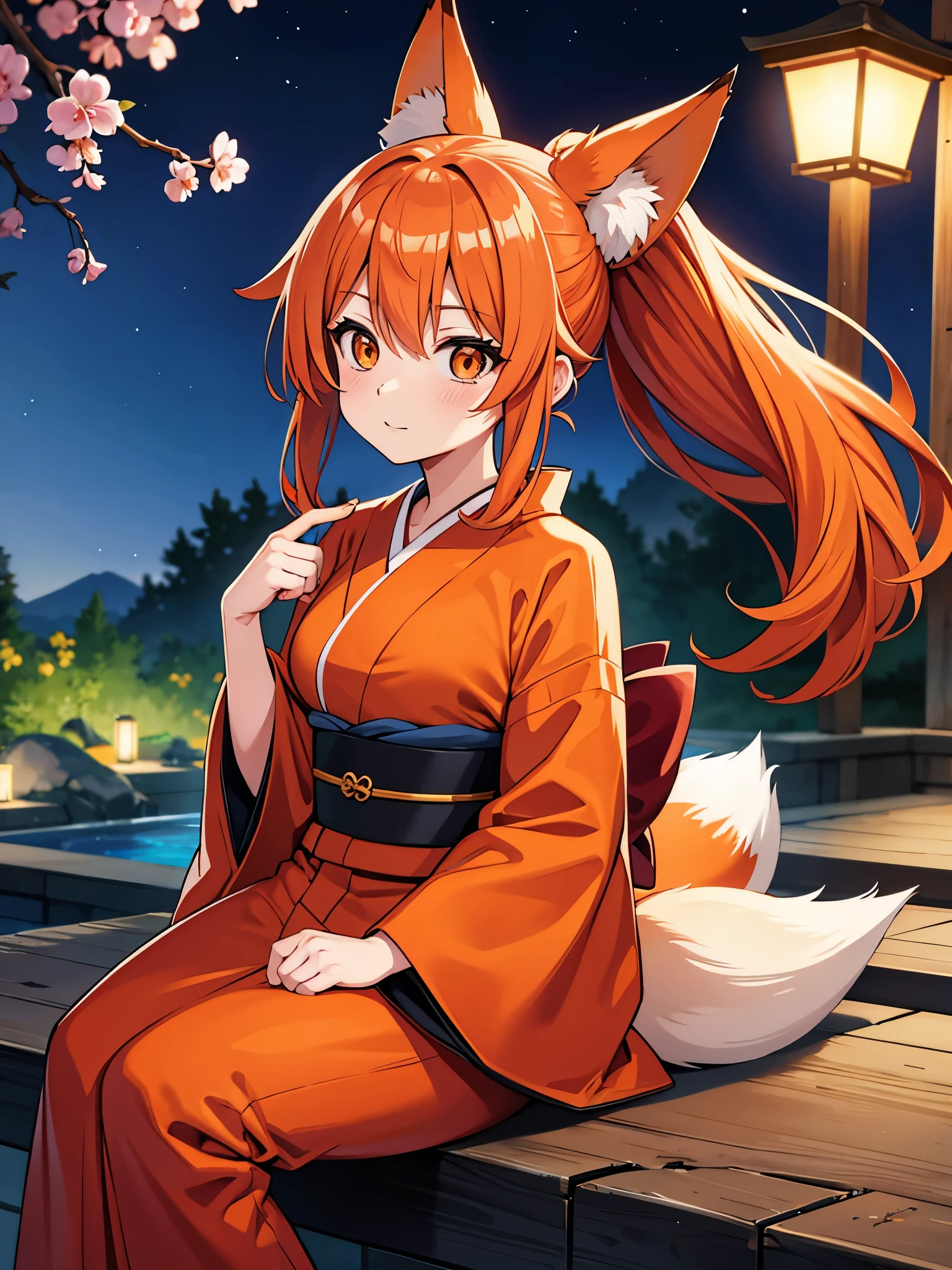 Make a manga cover [a a fox gril , long fox ears,  orange hair , hair cover one eye , long large ponytails  , a soft naturel makeup,  reddish-orange off-shoulder kimono, expansif kimono , nobel ladys kimono, big slimy  , model body , a large fox tail personality ( funny , lazy , like to suit her self , ) in a japanaise gardin at night ]