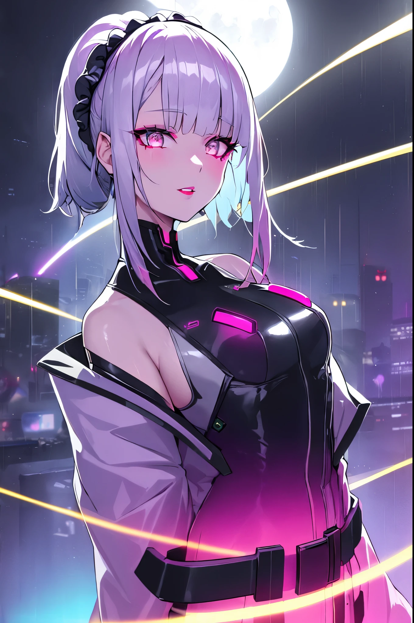 Lucy \(cyber punk\), 1 girl,  hair scrunchie, princess cut, silver hair, colored tips, full moon, gray eyes, Jacket, long sleeve, looking at the viewer, medium hair, colorful hair, parted bangs, parted lips, pink hair, portrait, red eyeliner, red lips, alone, white Jacket, cyber punk \(series\), rainy night in a cyber punk city with glowing neon lights

 