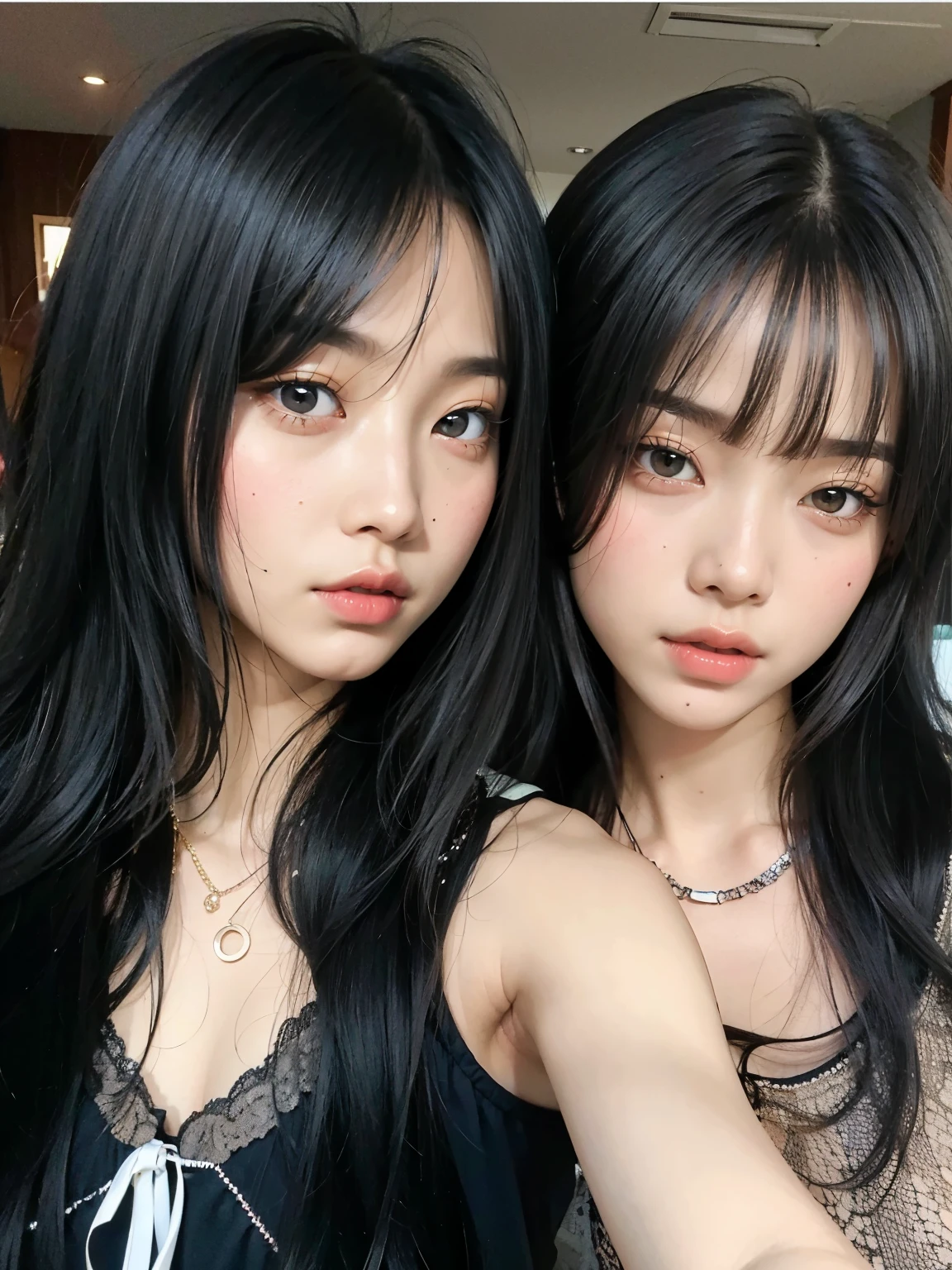 Two Asian women with long black hair posing for a photo., ulzzang, she has black hair con flequillo, con negro, Lalisa Manobal, flequillo negro, yoshitomo nara and aya takano, con flequillo, pelo cortado hime negro, rasgos de la cara coreana, long black hair con flequillo, con flequillo completo, cabello con flequillo negro, hermosos gemelos geminis