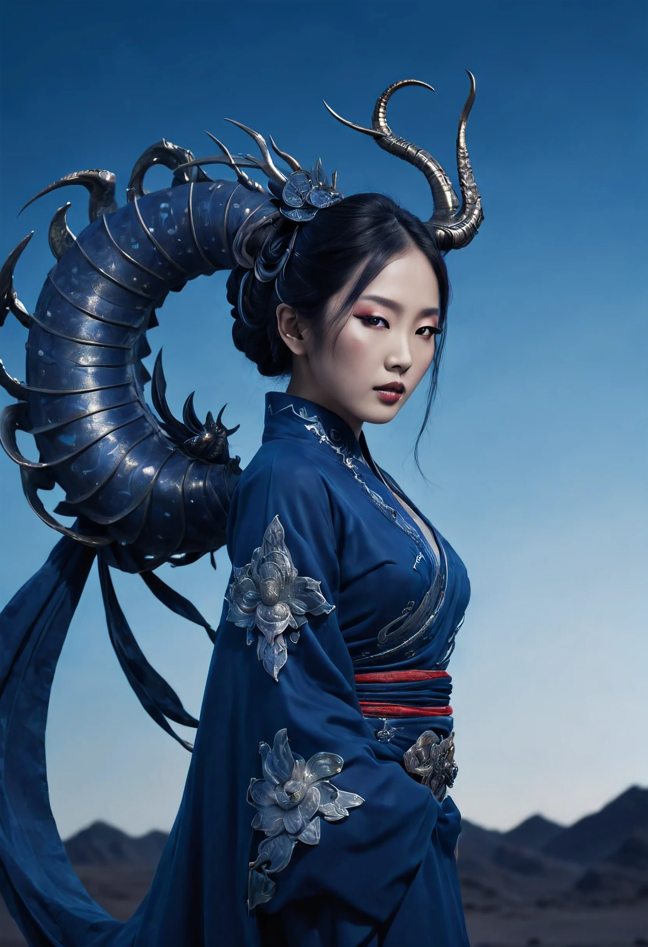 Fantastic interpretation of the zodiac sign Scorpio, representing an East Asian woman.. The image is located in a dimly lit room., fantastic landscape. The woman is seen standing strong, wear a complex costume with elements, reflecting the features of Scorpio, such as a stylized tail and claw-shaped accessories.. The color palette emphasizes darker shades, such as deep blue., Indigo, and black with occasional splashes of contrast through silver or bright red accents.. This is a high resolution image, 8k image.
