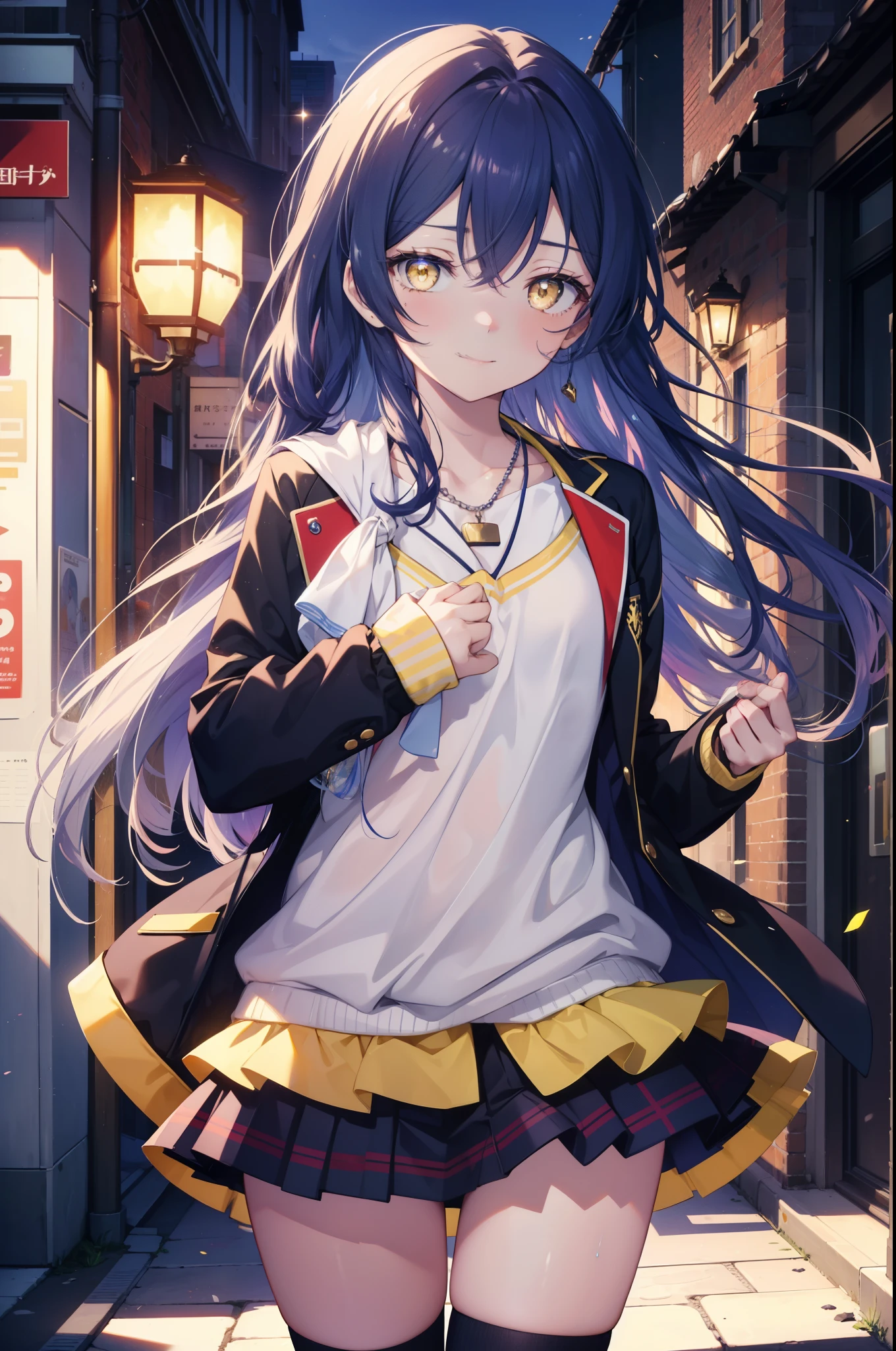 Kamisonoda, Umi Sonoda, long hair, blue hair, (yellow eyes:1.5) (flat chest:1.2),smile,blue long coat,white sweater,black mini skirt,white knee high socks,high cut sneakers,morning,morning日,university student,heart shaped necklace,
break looking at viewer,
break outdoors, In town, building street,
break (masterpiece:1.2), highest quality, High resolution, unity 8k wallpaper, (figure:0.8), (detailed and beautiful eyes:1.6), highly detailed face, perfect lighting, Very detailed CG, (perfect hands, perfect anatomy),