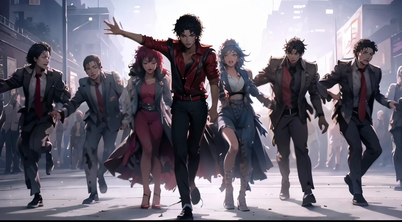 mjthriller surrouded by zombies, dancing King of POP, epic