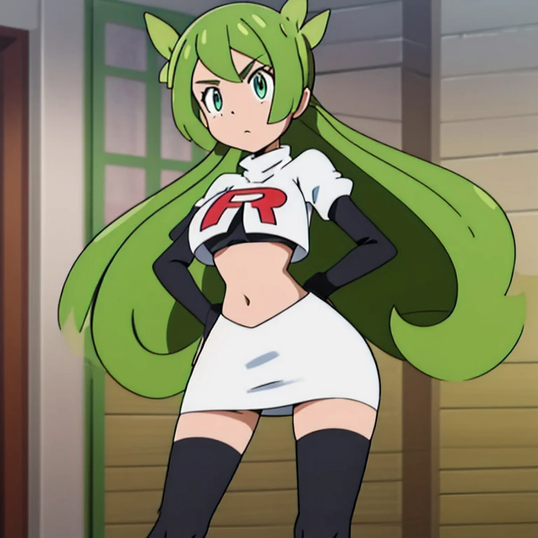 8k, anime screencap,1girl in, (solo:1.1), (perfect body:1.1), (best quality:1.1), very large breast, team rocket uniform, red letter r, white skirt,white crop top,black thigh-high boots, black elbow gloves, glaring angrily, looking down at viewer, hands on hips,zettai ryouiki,cowboy shot