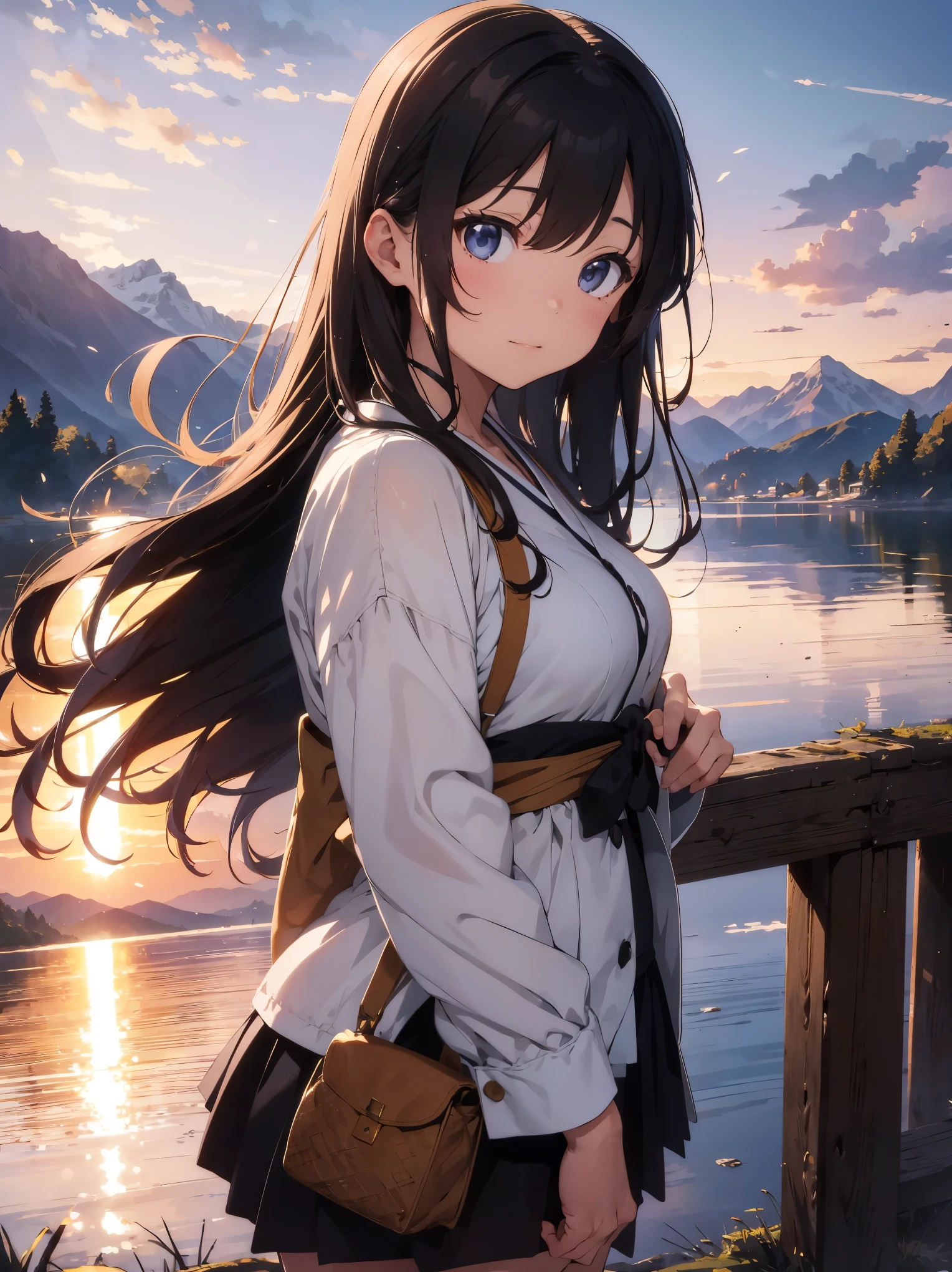 highest quality, table top, Extremely detaileded, detailedな背景, fine eyes, anime, 1 girl, beautiful eyes, young girl, long hair girl, expressive face, kimono, retro, Mountain. 富士のWind景, outdoors, sunset, beautiful sky, picnic at the lake, Wind景, scenery, horizon, Mountainの近くに座っているMountain, Wind, petal, spring, look away, atmosphere lighting, reflection, naturalistic, detailed, realism. relaxation, beauty, focus only, close, From the side, Depth of the bounds written, Bokeh、Swiss Rolls