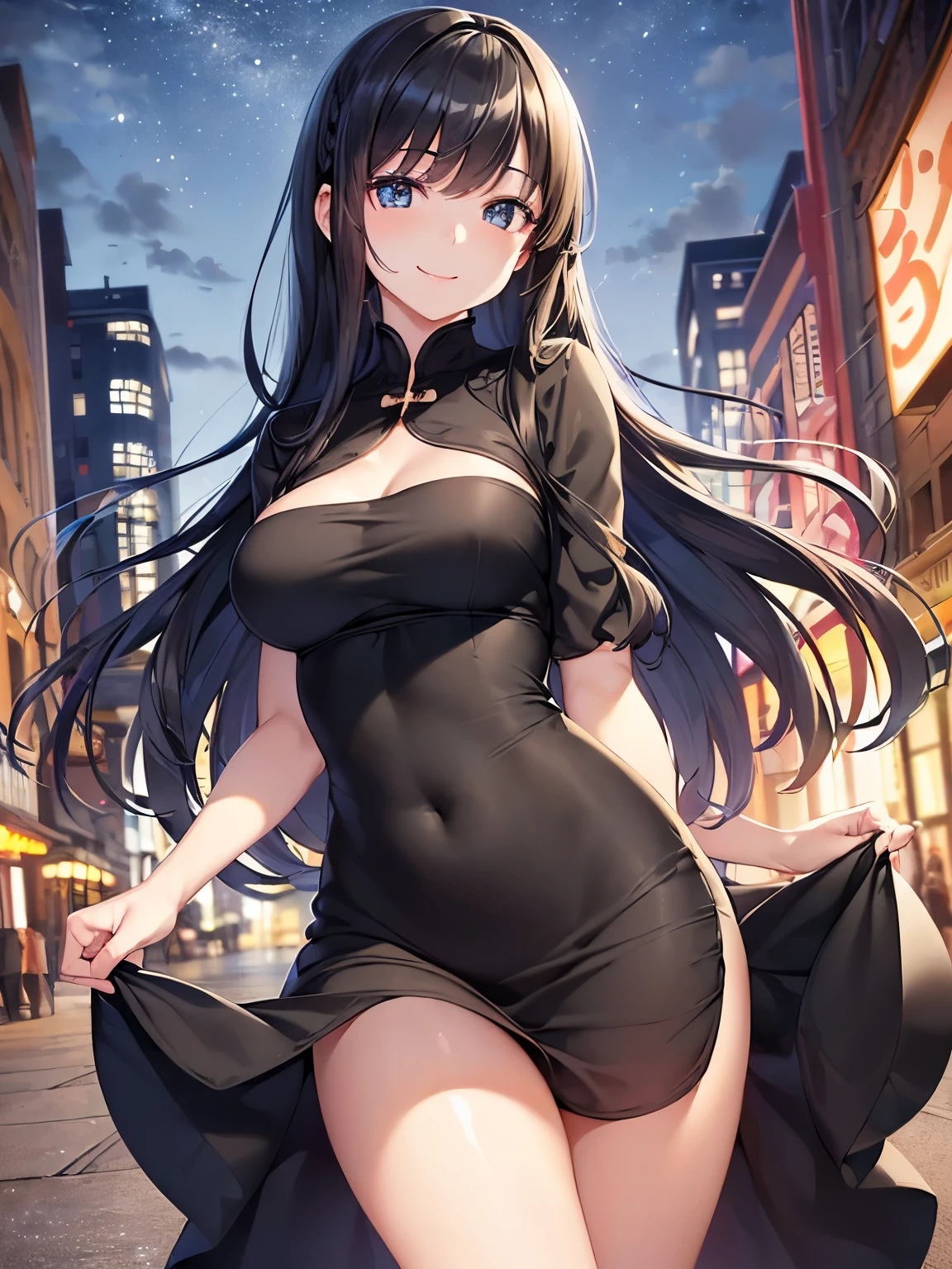((masutepiece, Best Quality)), ((hight resolution)), (photos realistic), Best Shadow, high detailing, Very detailed, (nice hand, Perfect hands), (Face Focus:1.2), ((1girl)), Beautiful Girl, 25 years old, blue eyes, (black long Hair:1.5), (normal breasts:1.3), (Smile:1.3), Glossy white skin, (view from front), (Very slender:1.3), (Cute face:1.3), (look at viewer:1.4), detailed facial features,droopy eyes, Crisp focus, perfect beautiful body and face, Perfectly focused, (standing:1.4), Long bangs, (in the night downtown:1.4), (chinadress:1.4), (enchanting smile:1.5),. learning forward, windy