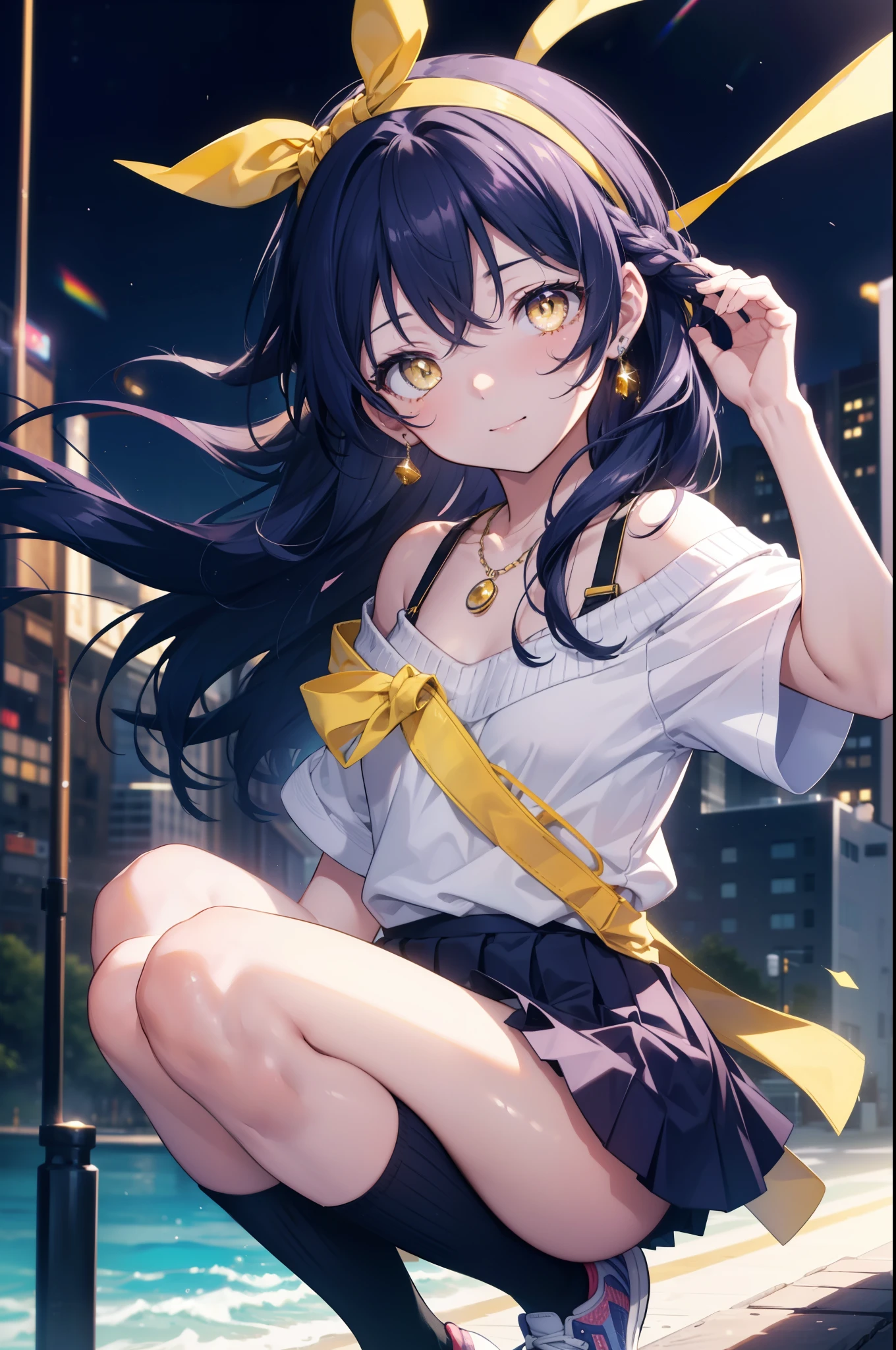Kamisonoda, Umi Sonoda, long hair, blue hair, (yellow eyes:1.5) (flat chest:1.2),White headband,smile,blue off shoulder sweater,bare neck bare clavicle,bare shoulders,black mini skirt,white knee high socks,high cut sneakers,morning,morning日,university student,heart shaped necklace,
break looking at viewer,
break outdoors, In town, building street,
break (masterpiece:1.2), highest quality, High resolution, unity 8k wallpaper, (figure:0.8), (detailed and beautiful eyes:1.6), highly detailed face, perfect lighting, Very detailed CG, (perfect hands, perfect anatomy),