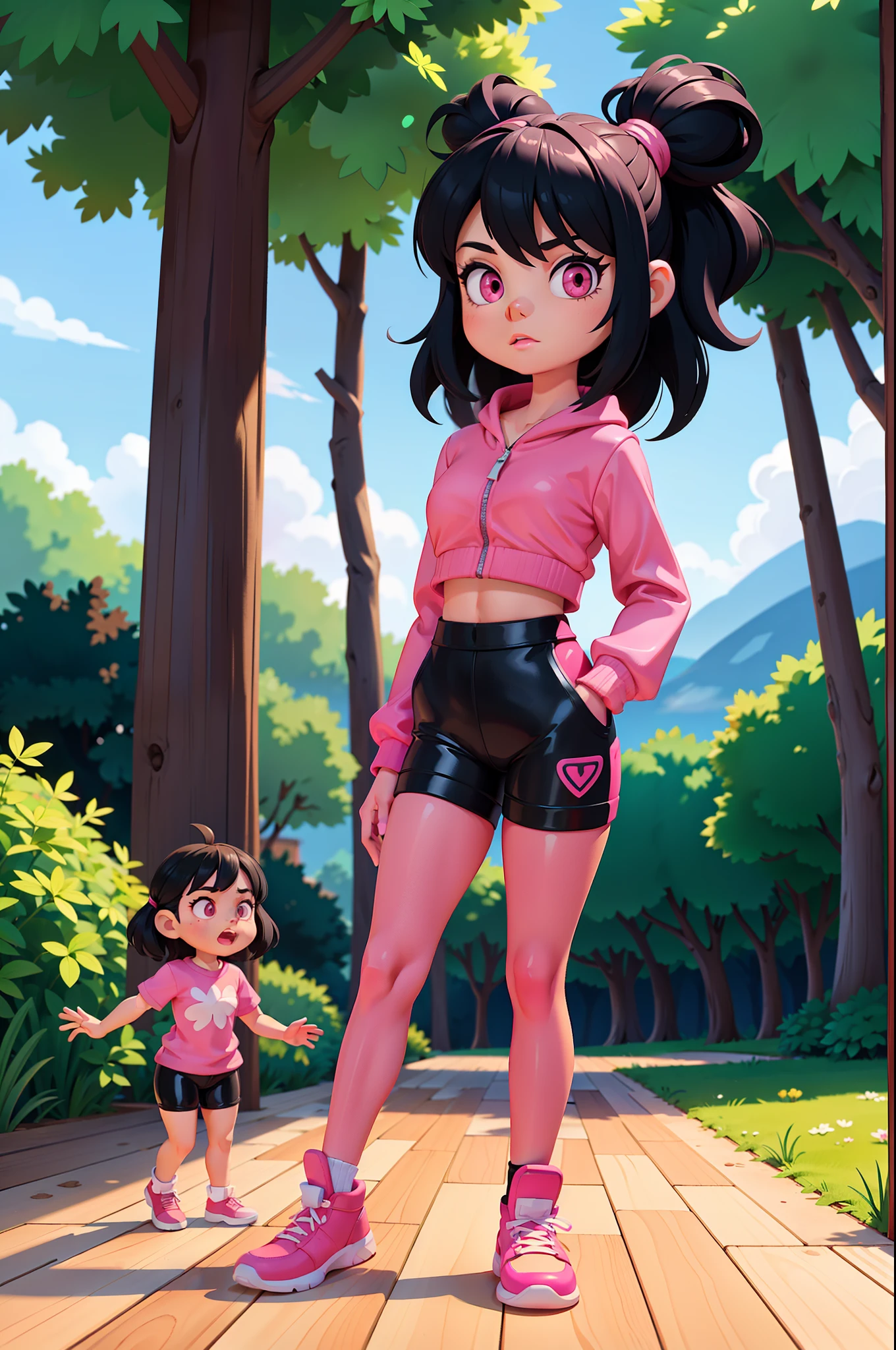 1girl, small person, black hair, pink eyes, glowing eyes, latex sportswear, 3D Disney style, full body, wood floor, outside, nature