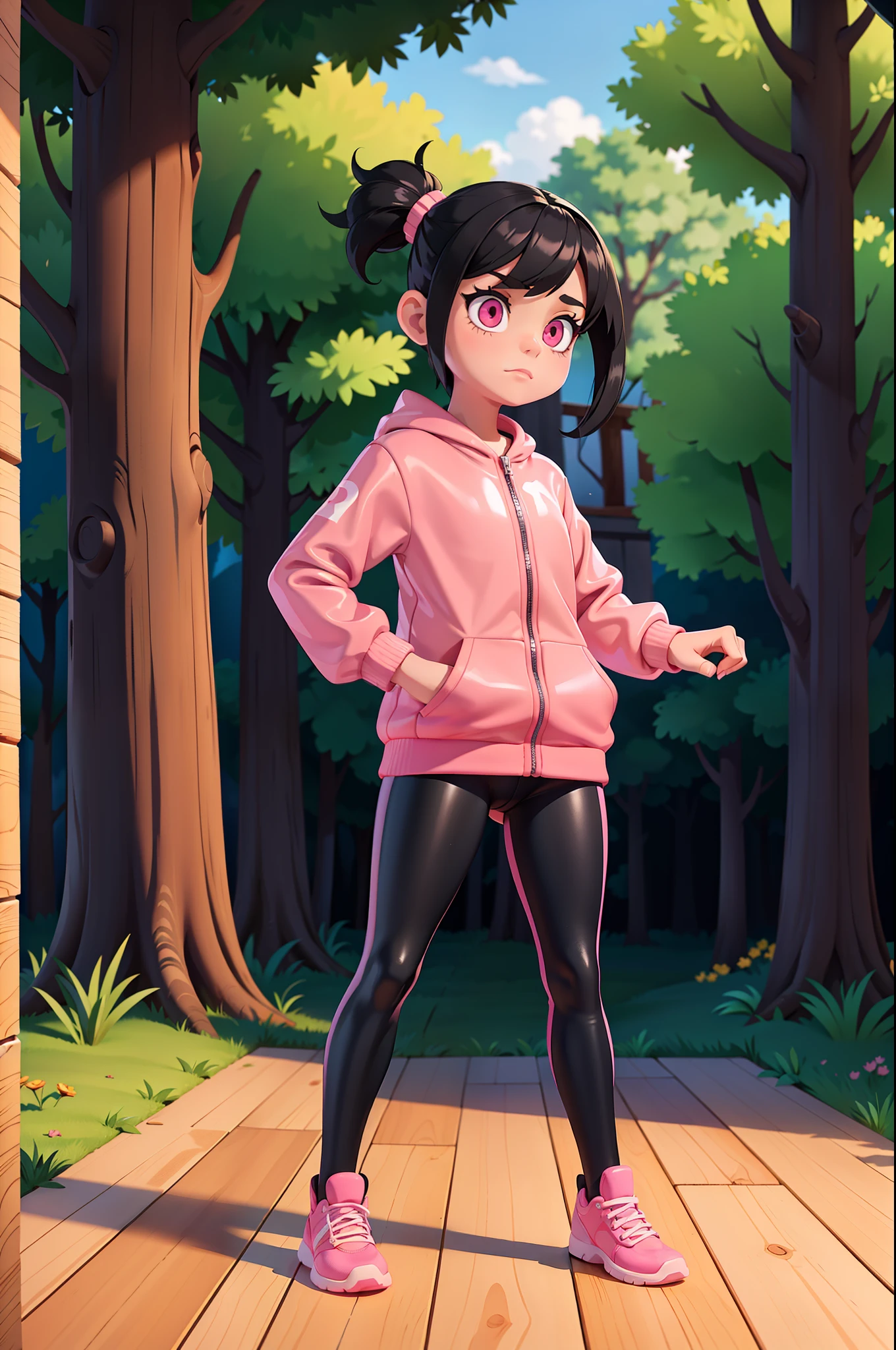 1girl, small person, black hair, pink eyes, glowing eyes, latex sportswear, 3D Disney style, full body, wood floor, outside, nature