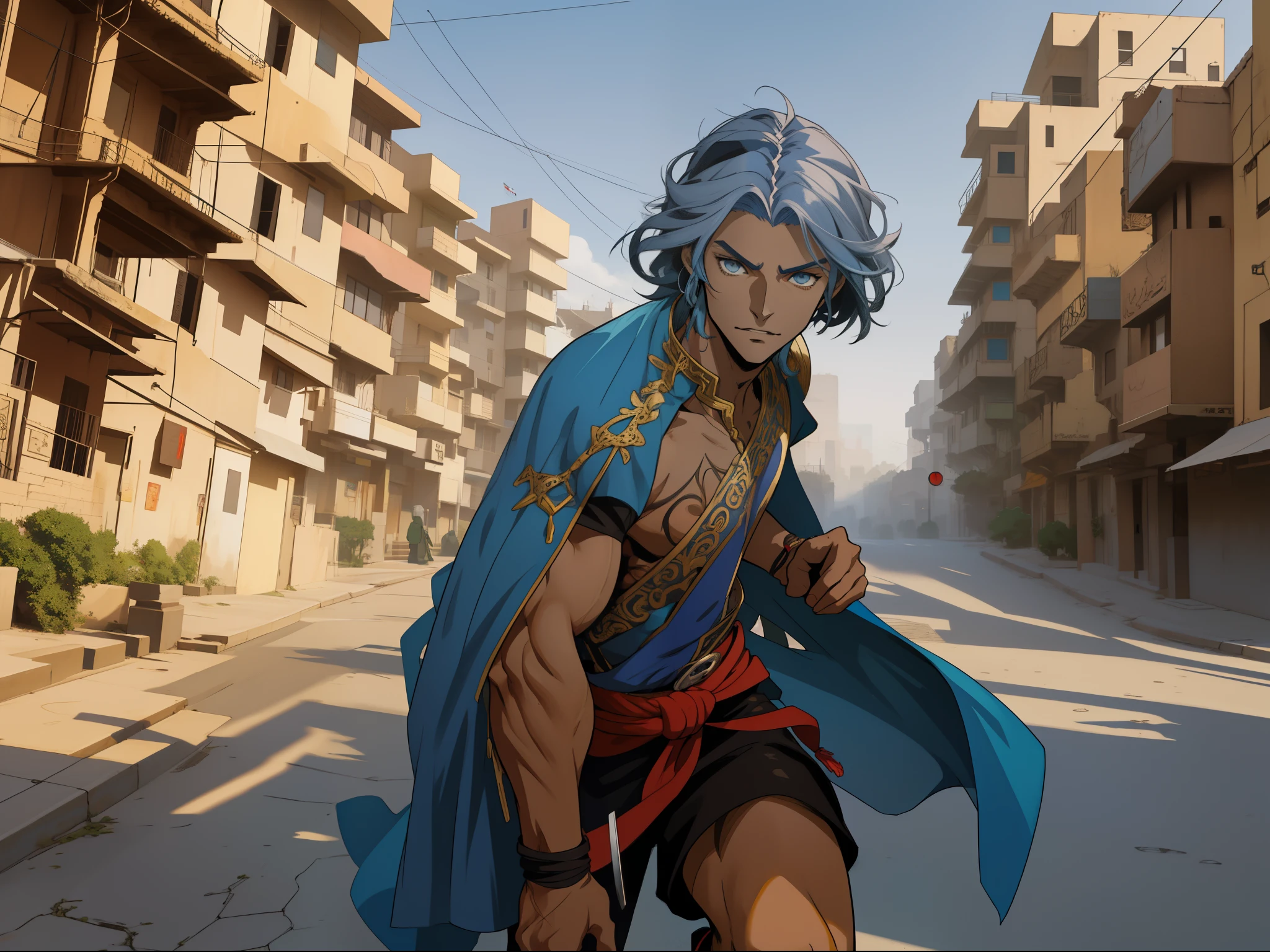 personaje de anime con traje azul coriiendo por las calles de l cairo por una calle, handsome prince of persia, chico tribal anime con pelo largo, Djinn Human Hybrid, chico guapo en el arte de Demon Slayer, retrato de beduino d&d, casimir art, 2. 5 d cgi anime fantasy artwork, advanced digital anime art, epic full color illustration, epic anime style