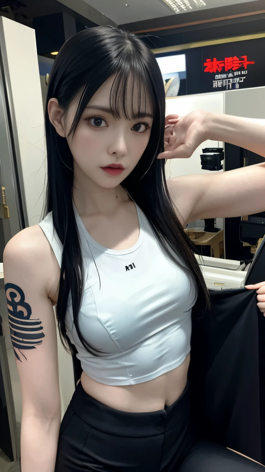 (highest quality)，masterpiece，Super detailed，8K, UHD，Beautiful woman，japanese woman，No expression，whole body，((tattoo))，slim，black slacks，white tank top，(female mafia)，gangster，(cyberpunk city)，night，cinematic lightening，underworld