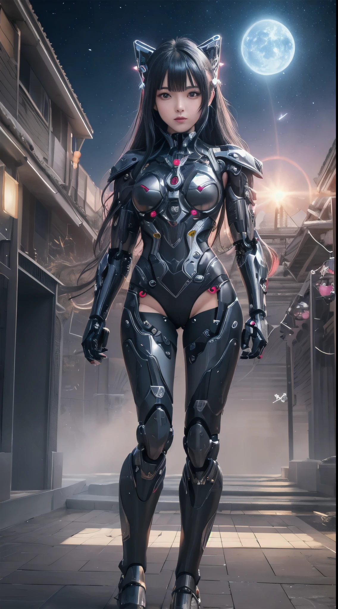 cowboy shot, caustics,reflection,ray tracing,devil theme,nebula,dark aura,cyber effect, (1 girl:1.4),alone,alone,mecha musume,mechanical parts, robot joints,single mechanical arm, headgear, mechanical harrow,hello star,intricate mechanical bodysuit, mech corset, kimono, full armor, very long hair,gray hair, hair between eyes, colorful hair, inner hair coloring, red eyes,glowing eyes,Eye marks, random expression,random action, ancient japanese architecture,pool, starry sky,skyline,