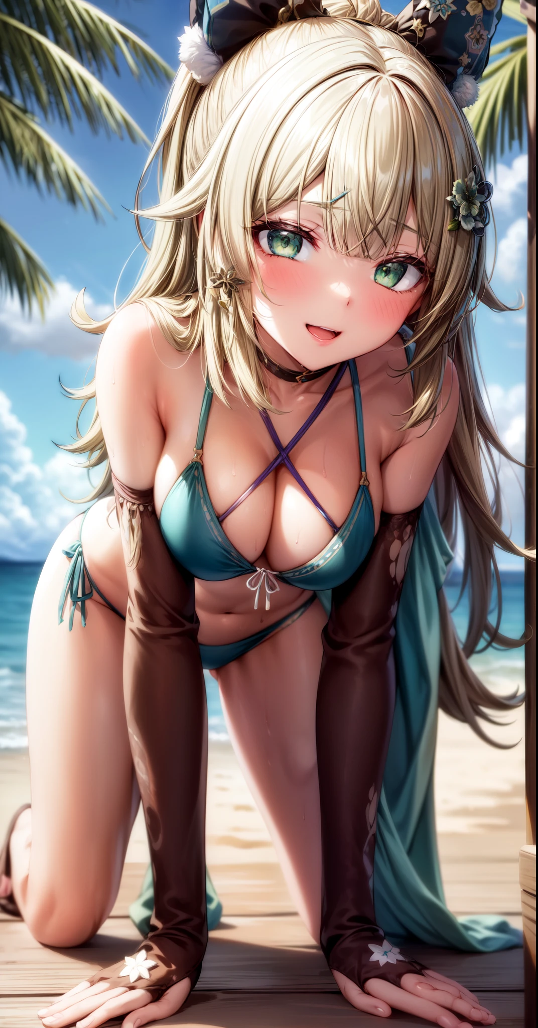 anime, beautiful face, highly detailed face, (highly detailed green eyes:1.2) , highly detailed beach background, best lighting, no shadows, 1girl, solo, outdoors, genshin impact, Kirara, bangs, beautiful long blonde hair, hair ornament, cat ears, absurdres, high res, ultrasharp, 8K, masterpiece, looking at viewer, blushing, (teasing smile:1.2), (naked:1.1), BREAK (detailed sexy beach bikini:1.4), (sexy pose:1.2), close up, on all fours