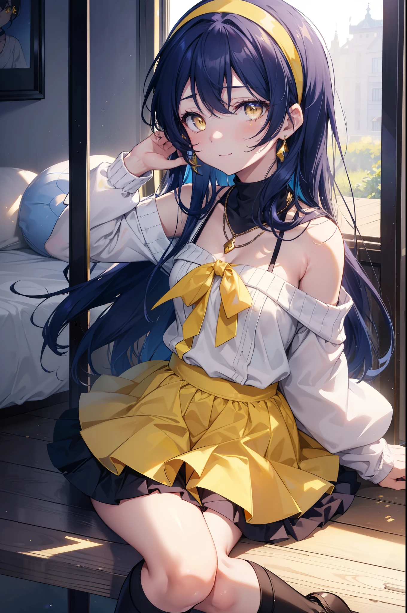Kamisonoda, Umi Sonoda, long hair, blue hair, (yellow eyes:1.5) (flat chest:1.2),White headband,smile,blue off shoulder sweater,bare neck bare clavicle,bare shoulders,black mini skirt,white knee high socks,short boots,morning,morning日,University生,heart shaped necklace,
break looking at viewer,
break outdoors, University school building,
break (masterpiece:1.2), highest quality, High resolution, unity 8k wallpaper, (figure:0.8), (detailed and beautiful eyes:1.6), highly detailed face, perfect lighting, Very detailed CG, (perfect hands, perfect anatomy),