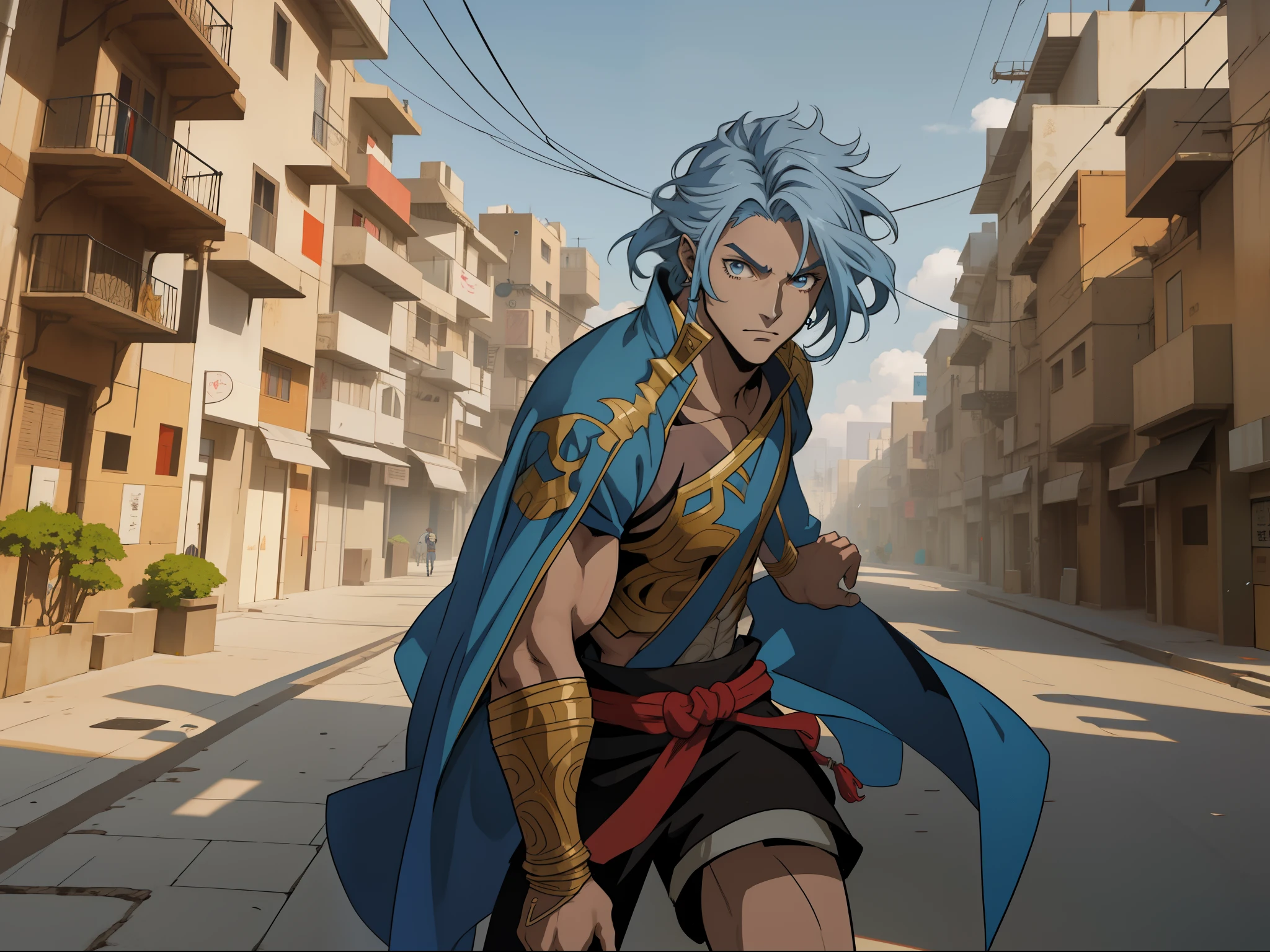 personaje de anime con traje azul coriiendo por las calles de l cairo por una calle, handsome prince of persia, chico tribal anime con pelo largo, Djinn Human Hybrid, chico guapo en el arte de Demon Slayer, retrato de beduino d&d, casimir art, 2. 5 d cgi anime fantasy artwork, advanced digital anime art, epic full color illustration, epic anime style